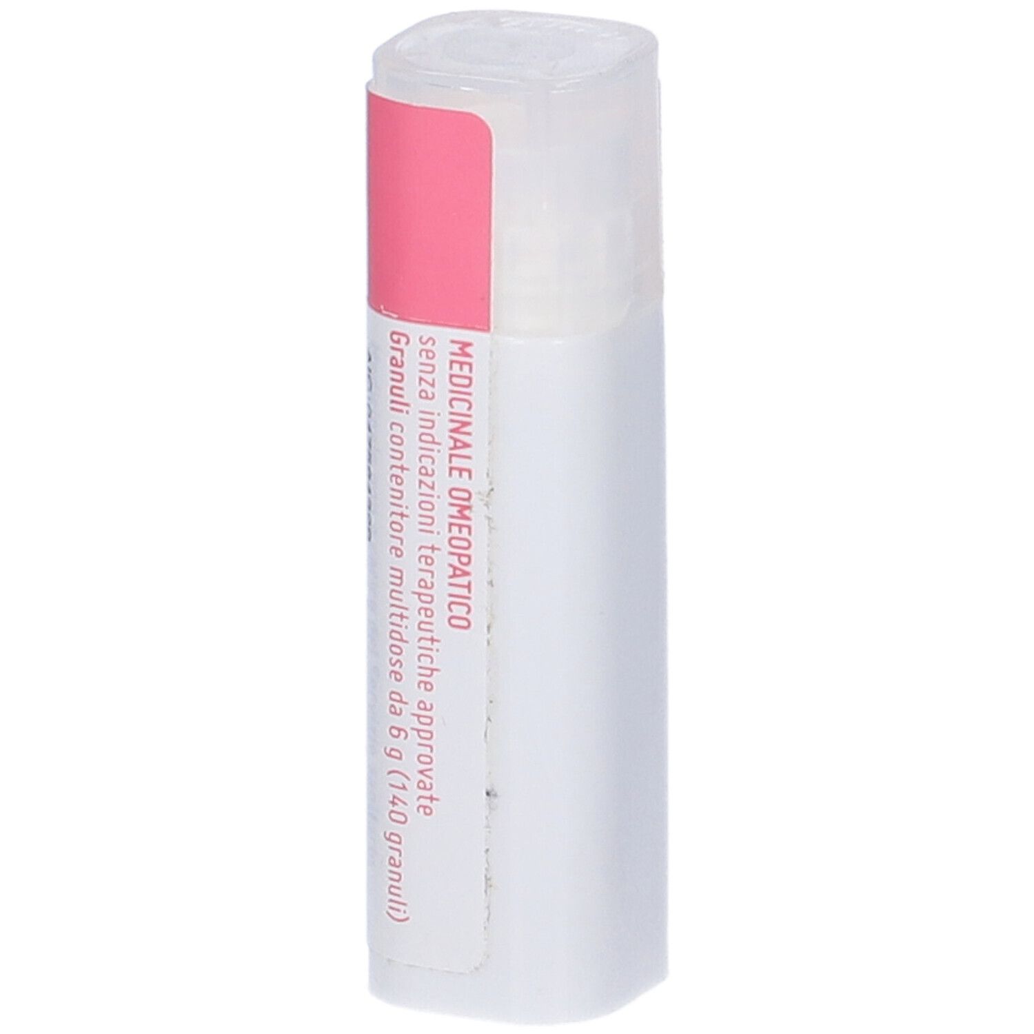 Flacone cilindrico con etichetta rosa. Scritta: Medicinale omeopatico. Coperchio bianco.