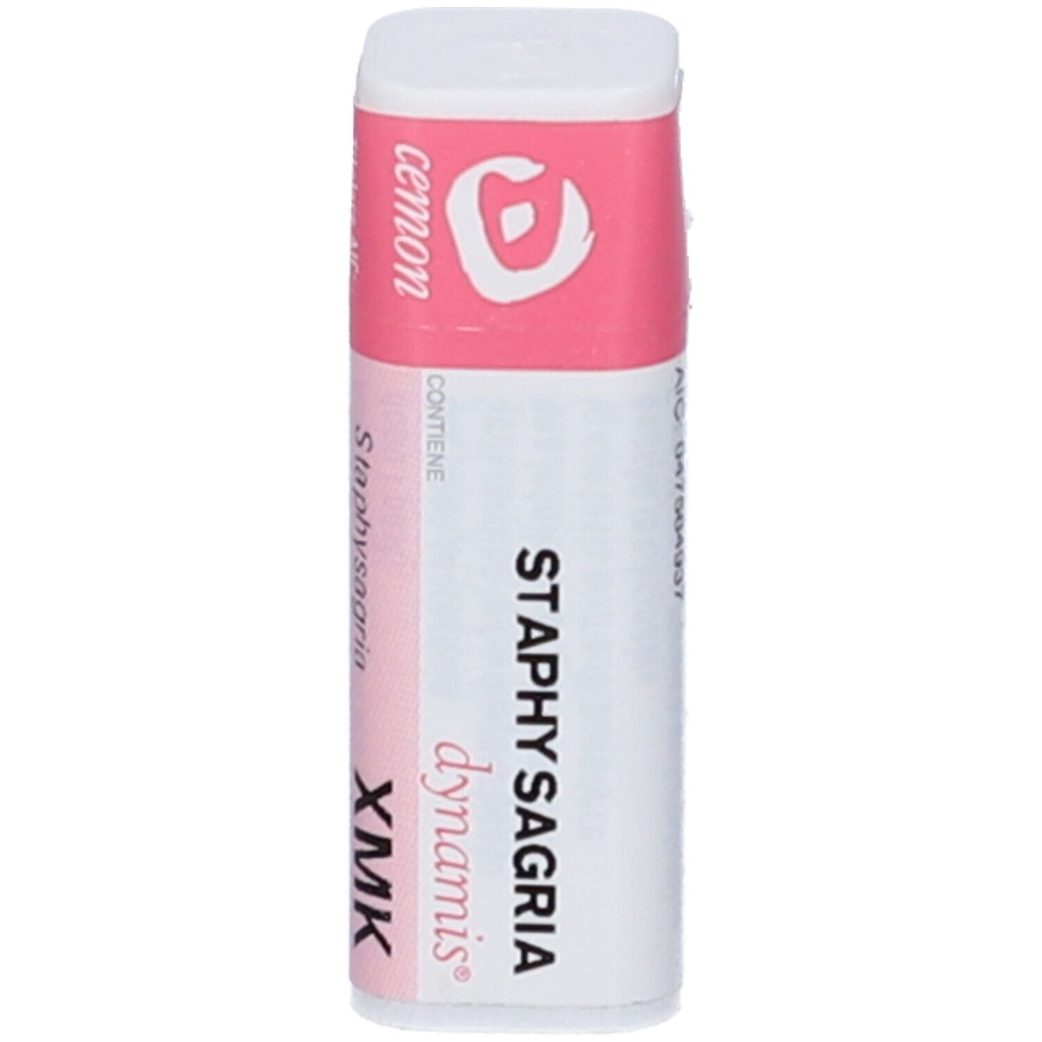 Confezione cilindrica bianca con etichetta rosa. Scritta: Staphysagria dynamis XMK. Logo e marchio cemom.