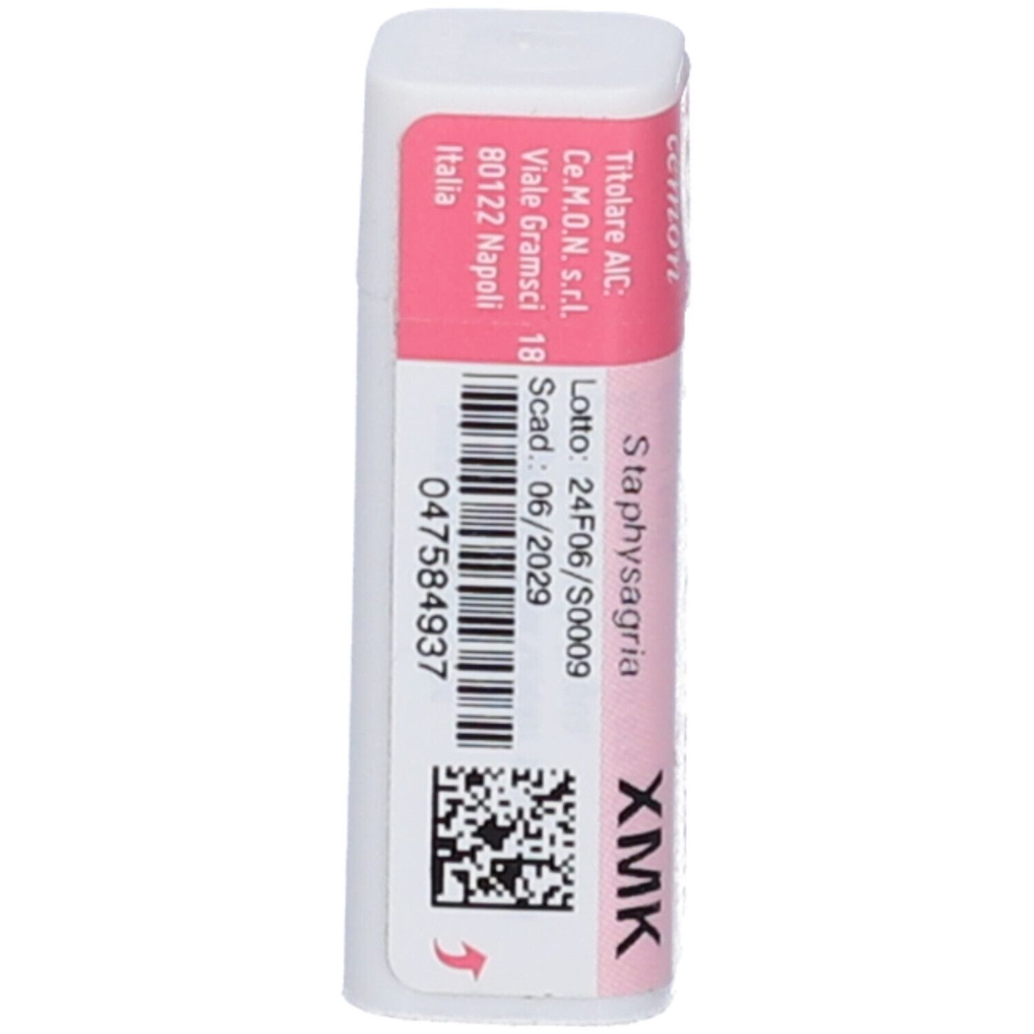 Confezione cilindrica bianca con etichetta rosa. Codice a barre, numero di lotto, data di scadenza. Scritta: Staphysagria XMK.