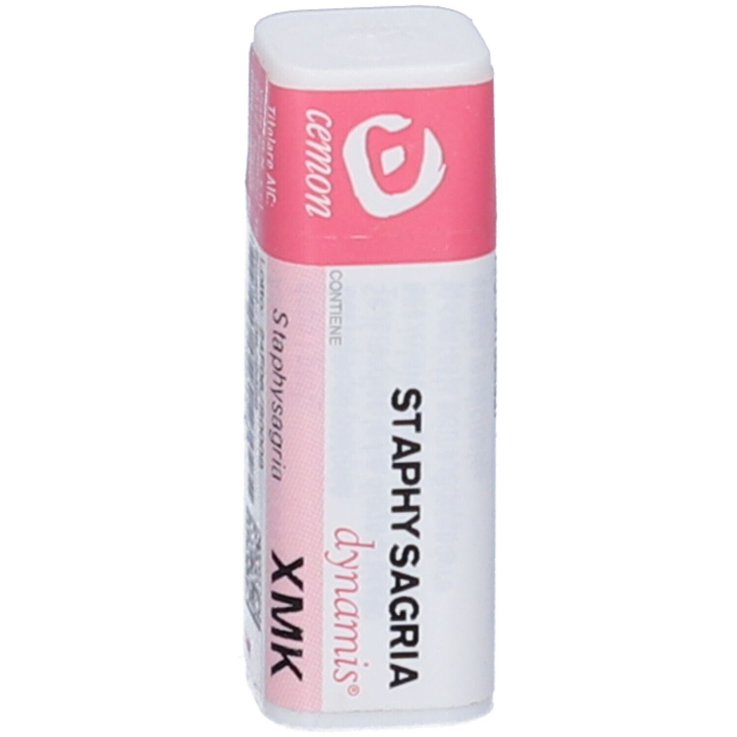 Confezione cilindrica bianca con etichetta rosa. Scritta: Staphysagria dynamis XMK. Logo e marchio cemom.