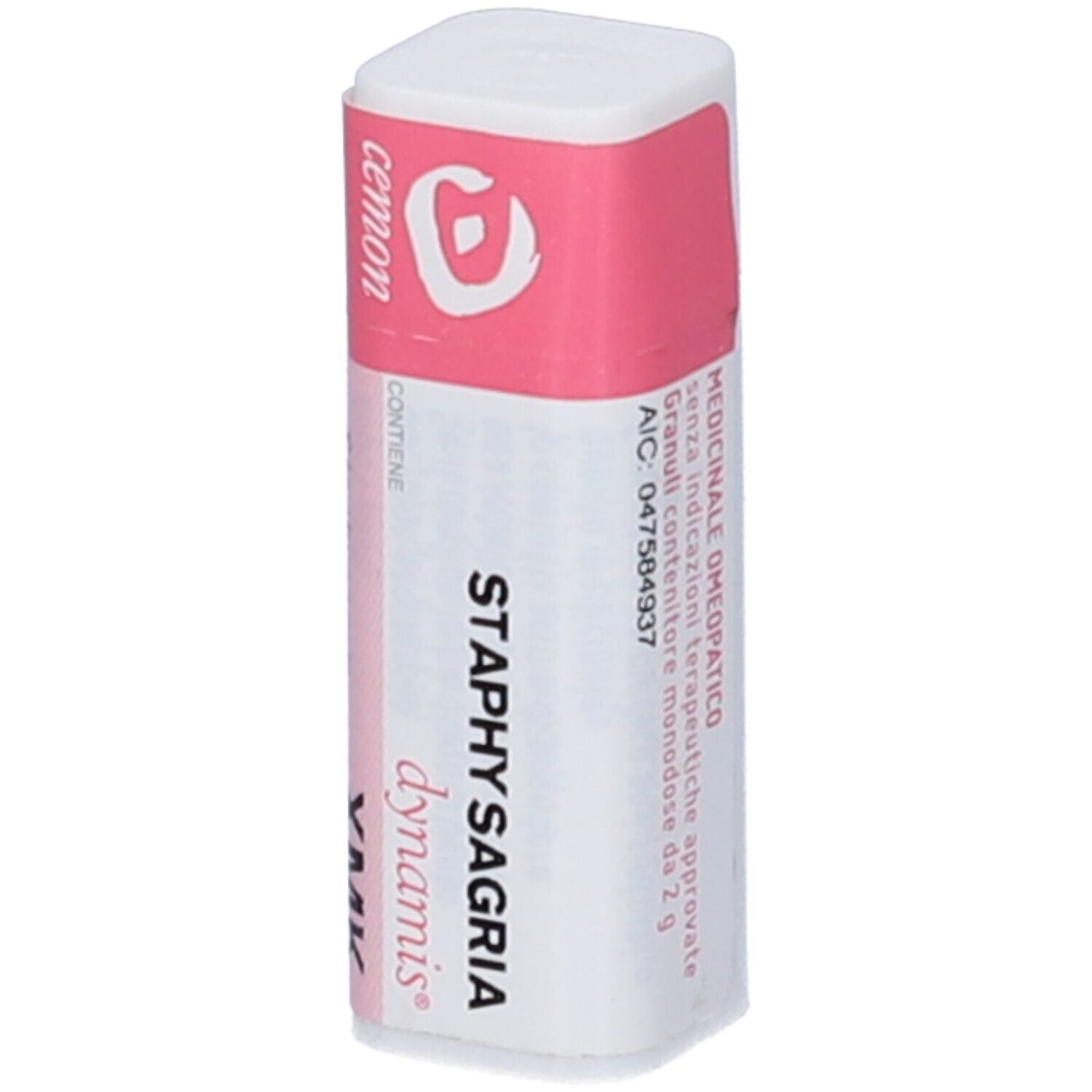 Confezione cilindrica bianca con etichetta rosa. Scritta: Staphysagria dynamis XMK. Logo e marchio cemom.