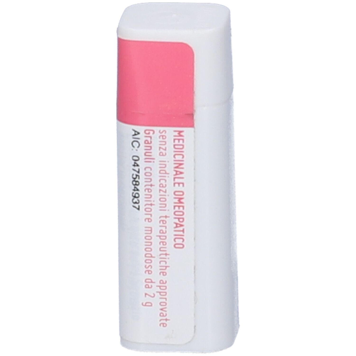 Confezione rettangolare bianca con etichetta rosa. Scritta: Medicinale Omeopatico. Granuli contenitore monodose da 2 g.