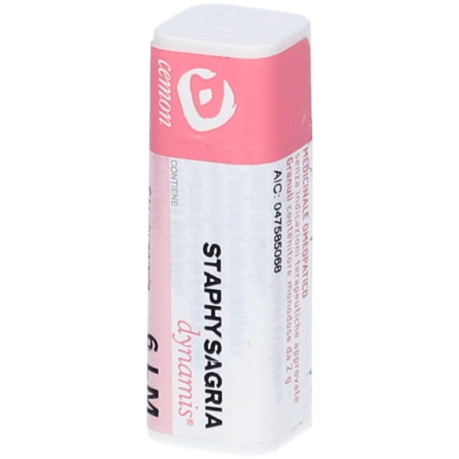 Confezione rettangolare con etichetta rosa. Scritta: Staphysagria 6 LM. Marchio: cemon. Contiene granuli.