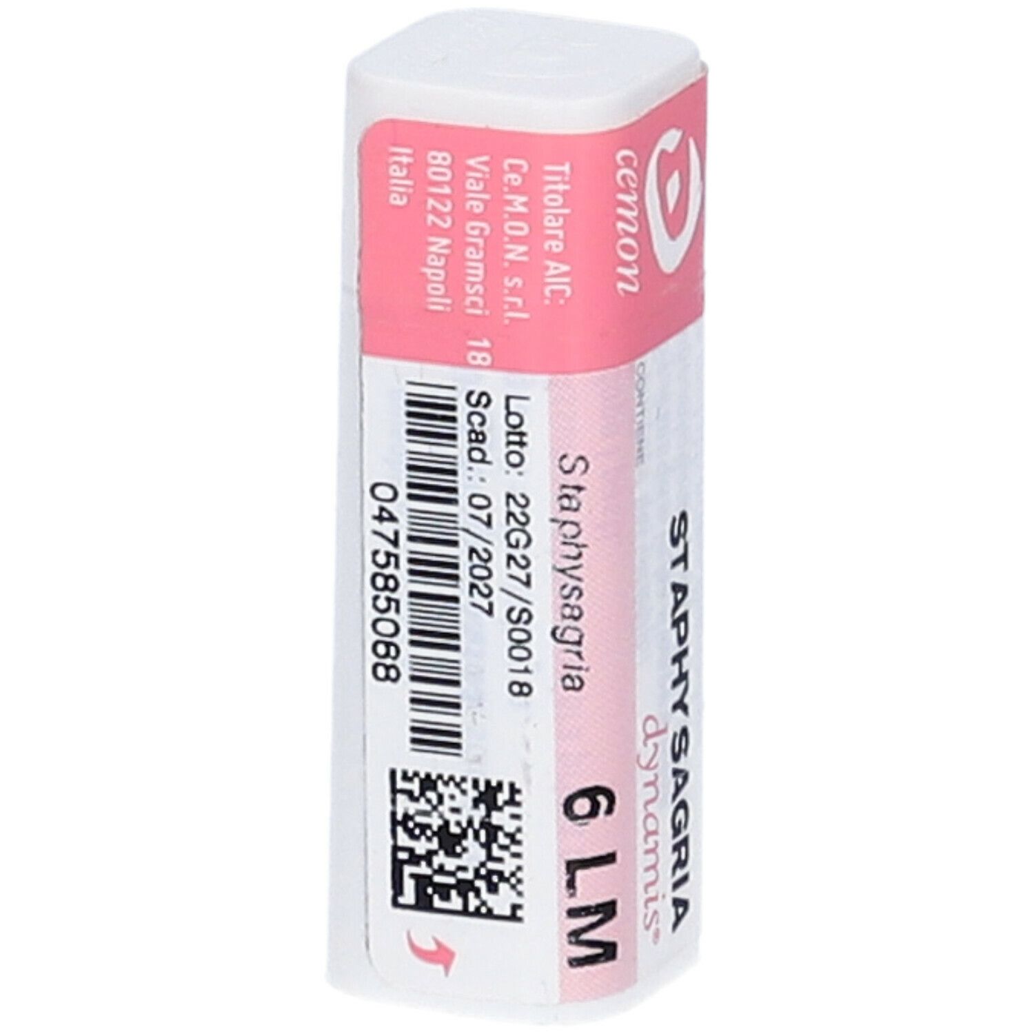 Confezione rettangolare con etichetta rosa. Scritta: Staphysagria 6 LM. Marchio: cemon. Con numero di lotto e scadenza.