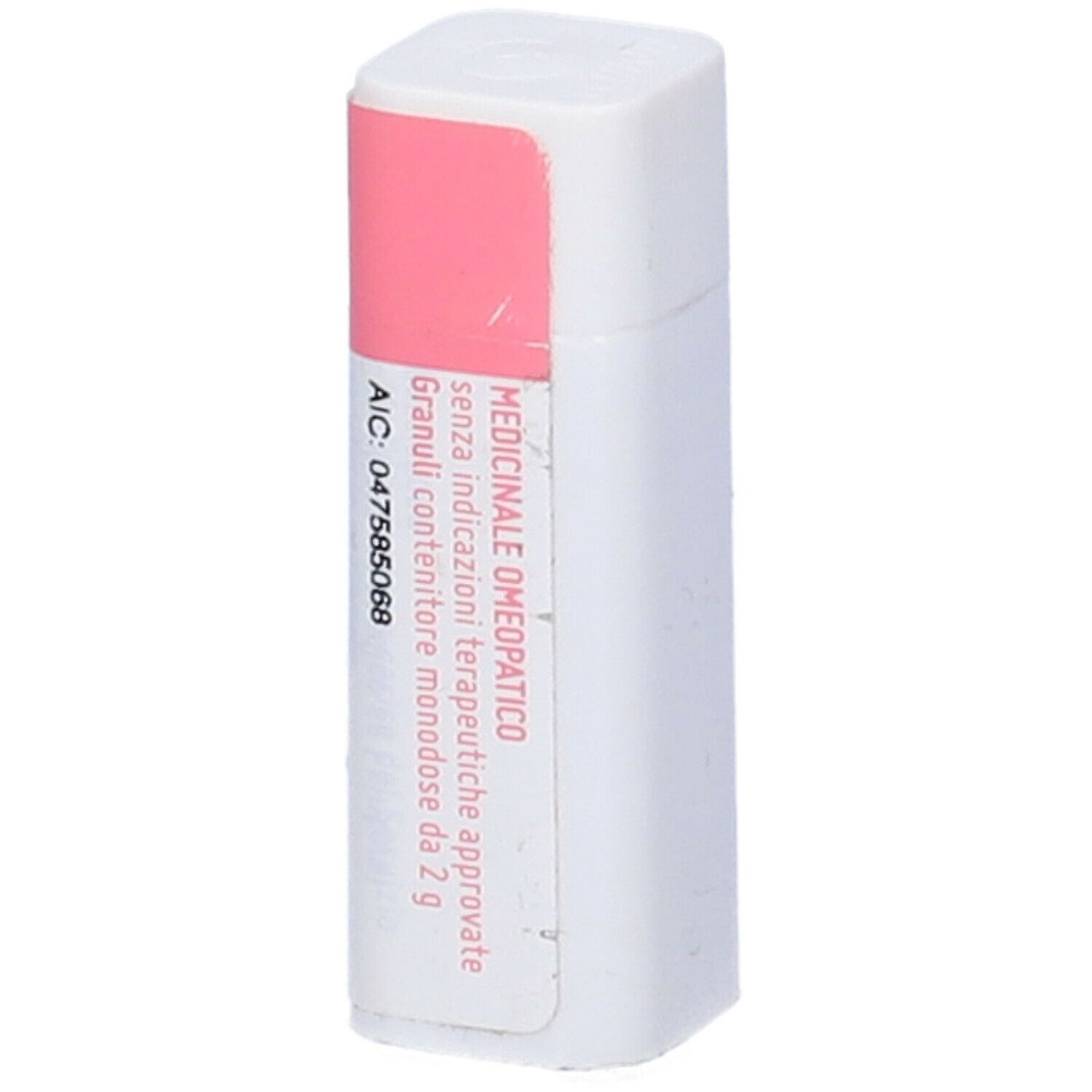 Confezione rettangolare con etichetta rosa. Scritta: Medicinale. Contiene granuli. Codice AIC.