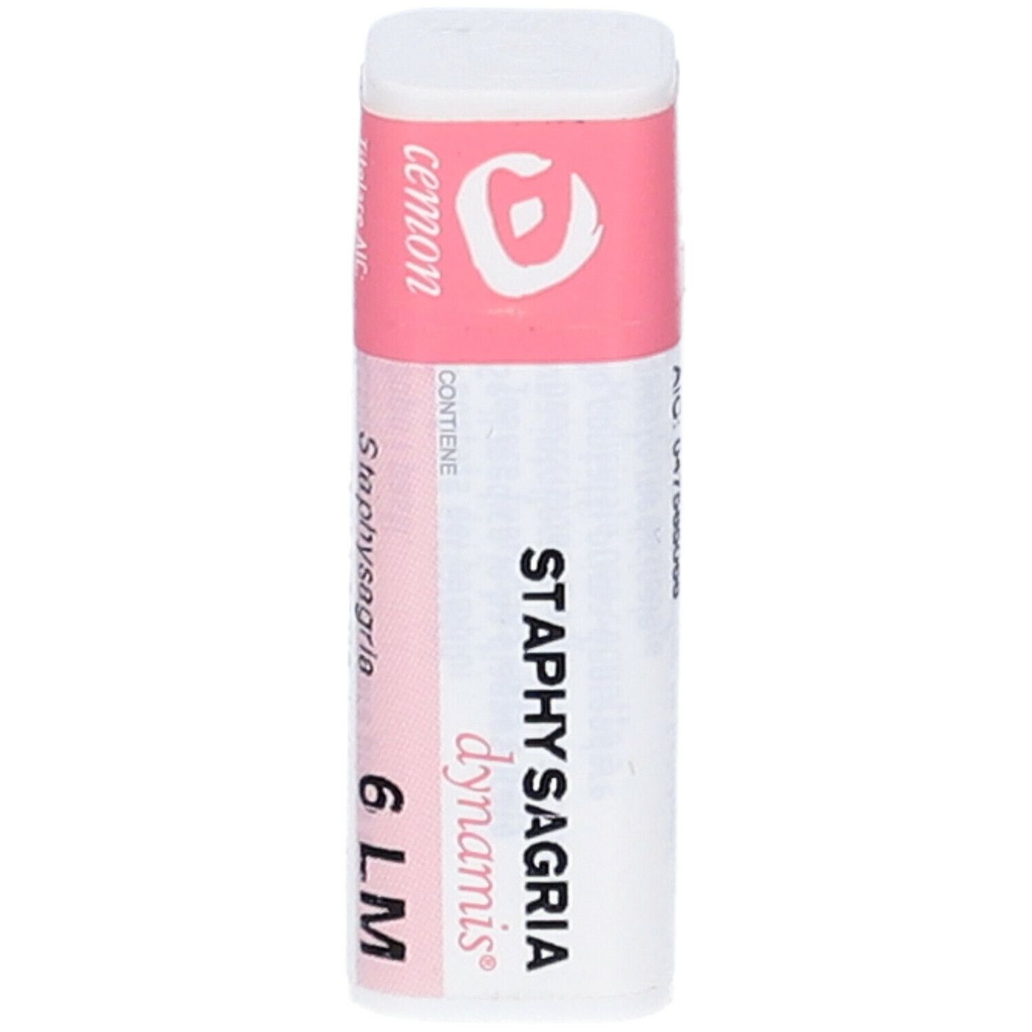Confezione cilindrica con etichetta rosa. Scritta: Staphysagria 6 LM. Marchio: cemon. Contiene granuli.