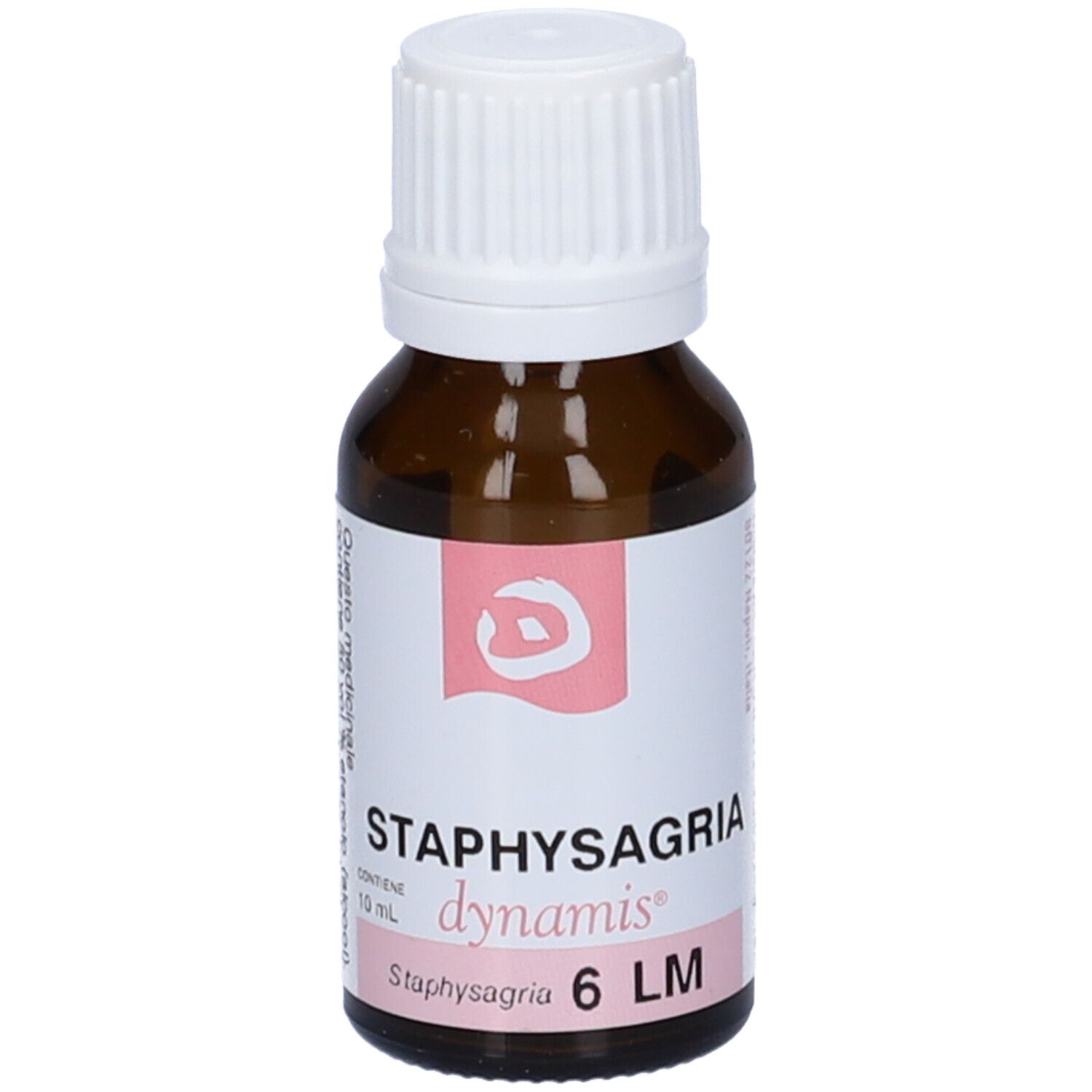 Flacone di vetro marrone con tappo bianco. Etichetta con nome del prodotto e logo. Scritta: Staphysagria dynamis 6 LM.