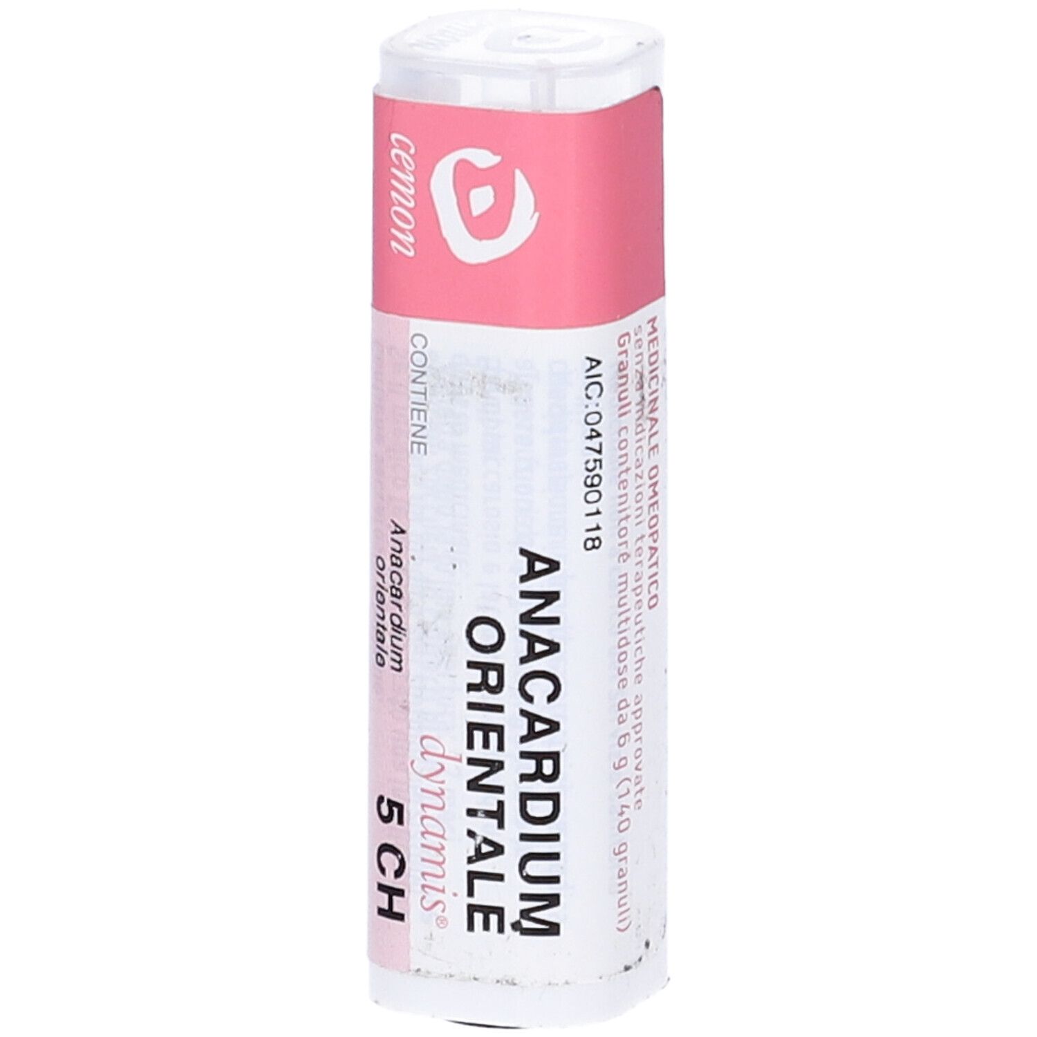 Confezione cilindrica con etichetta rosa. Scritte: Anacardium Orientale, 5 CH, cemon. Coperchio bianco.