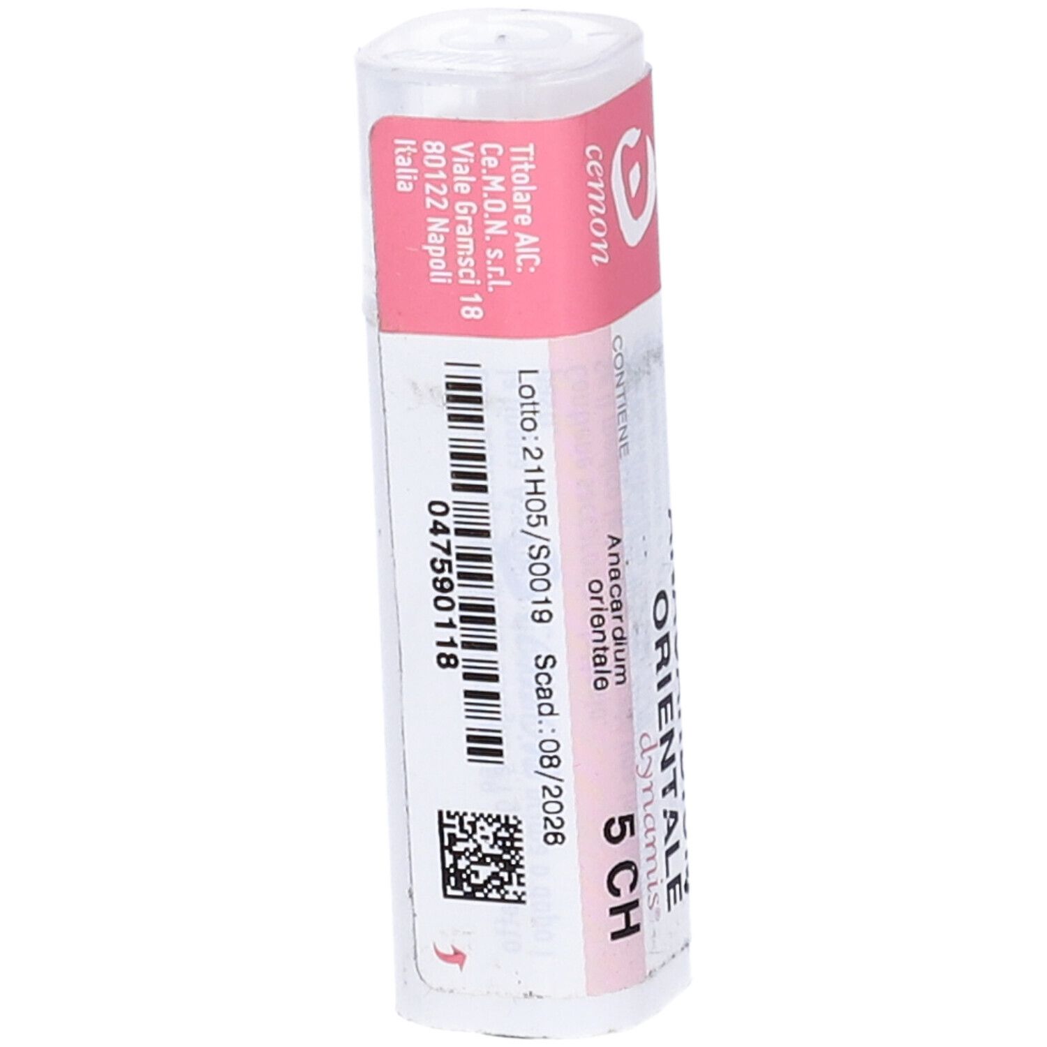 Confezione cilindrica con etichetta rosa. Scritte: Anacardium Orientale, 5 CH, cemon. Coperchio bianco.