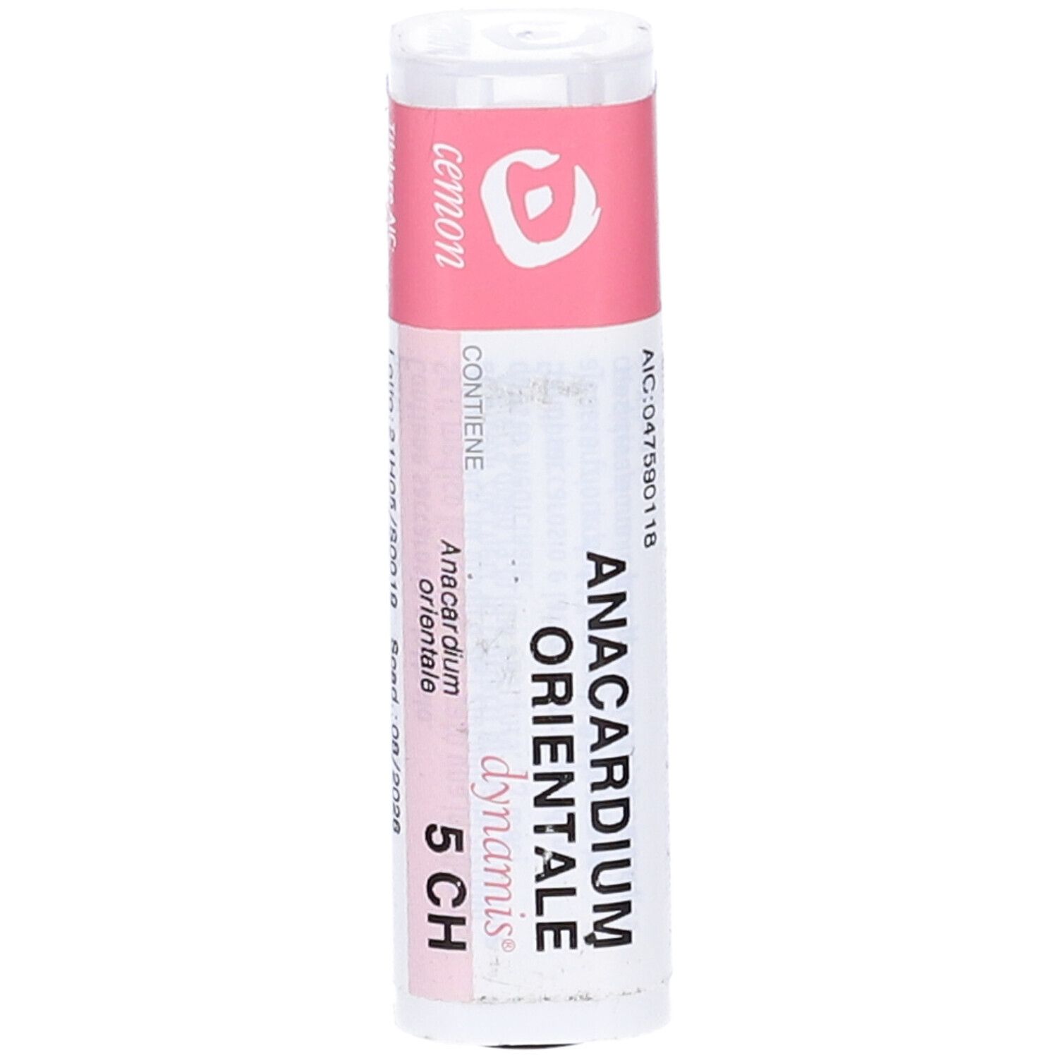 Confezione cilindrica con etichetta rosa. Scritte: Anacardium Orientale, 5 CH, cemon. Coperchio bianco.