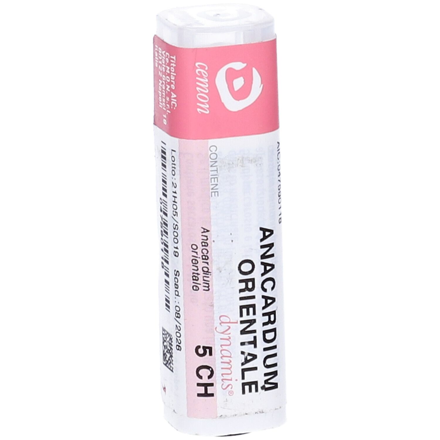 Confezione cilindrica con etichetta rosa. Scritte: Anacardium Orientale, 5 CH, cemon. Coperchio bianco.