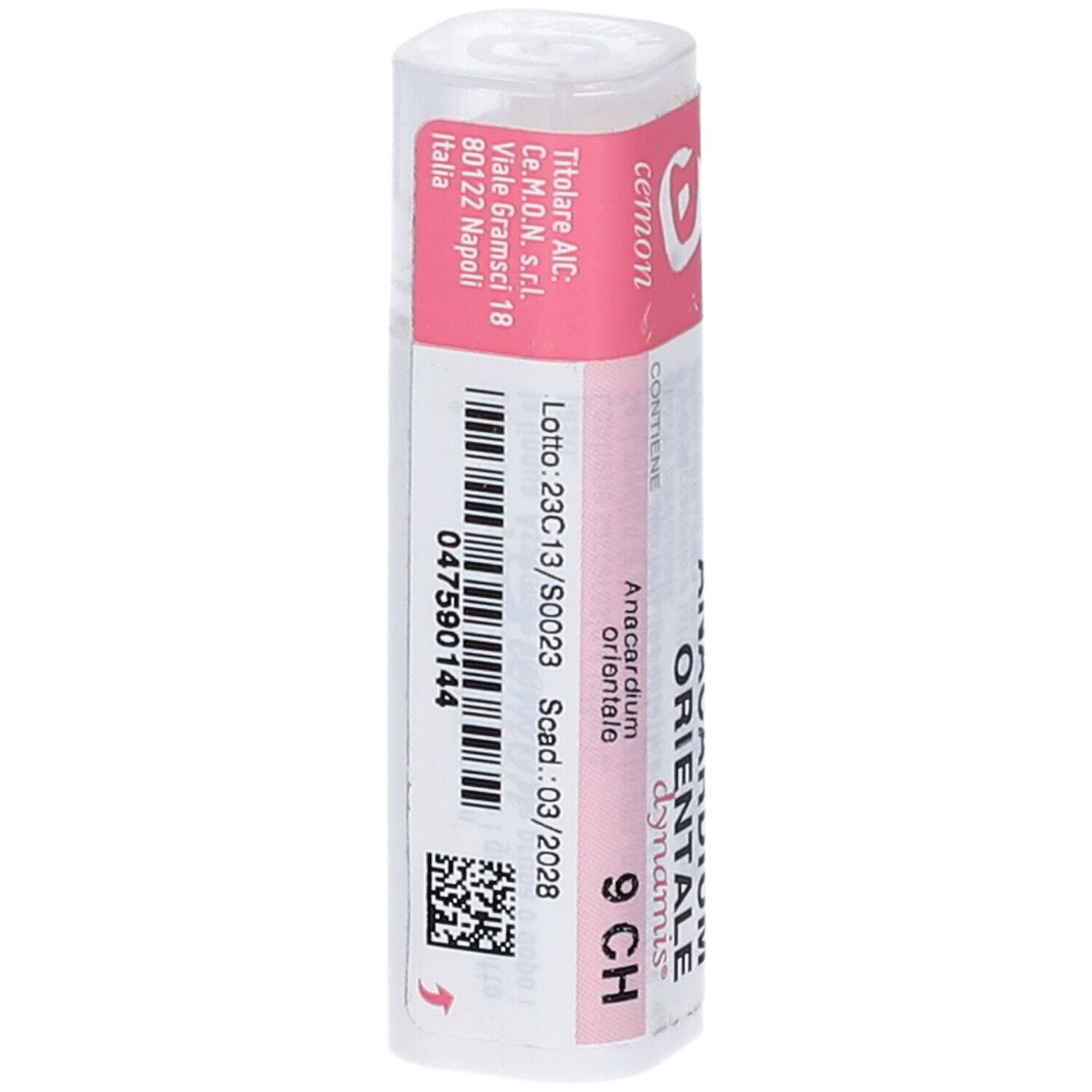 Confezione cilindrica con etichetta rosa e bianca. Scritta: Anacardium Orientale 9 CH. Contiene globuli. Codice a barre.