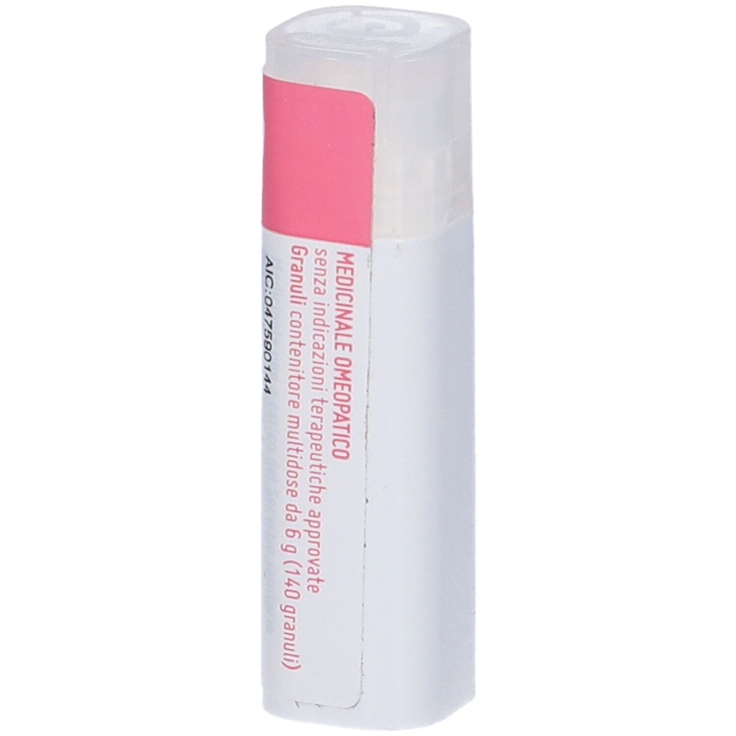 Confezione cilindrica bianca con etichetta rosa. Scritta: Medicinale Omeopatico. Contiene globuli.