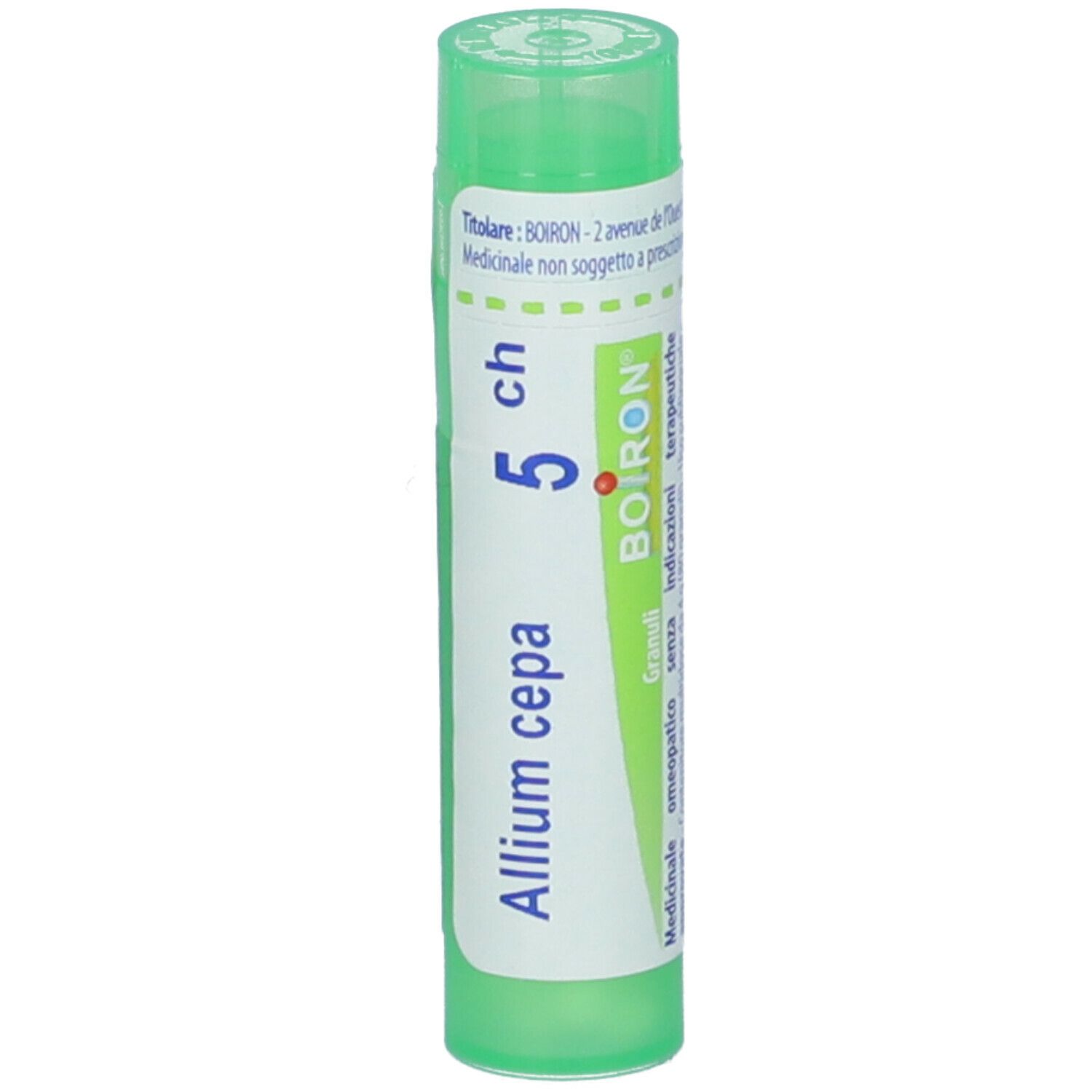 Tubo verde con etichetta bianca. Scritta: Allium cepa 5 ch, BOIRON. Medicinali omeopatici.
