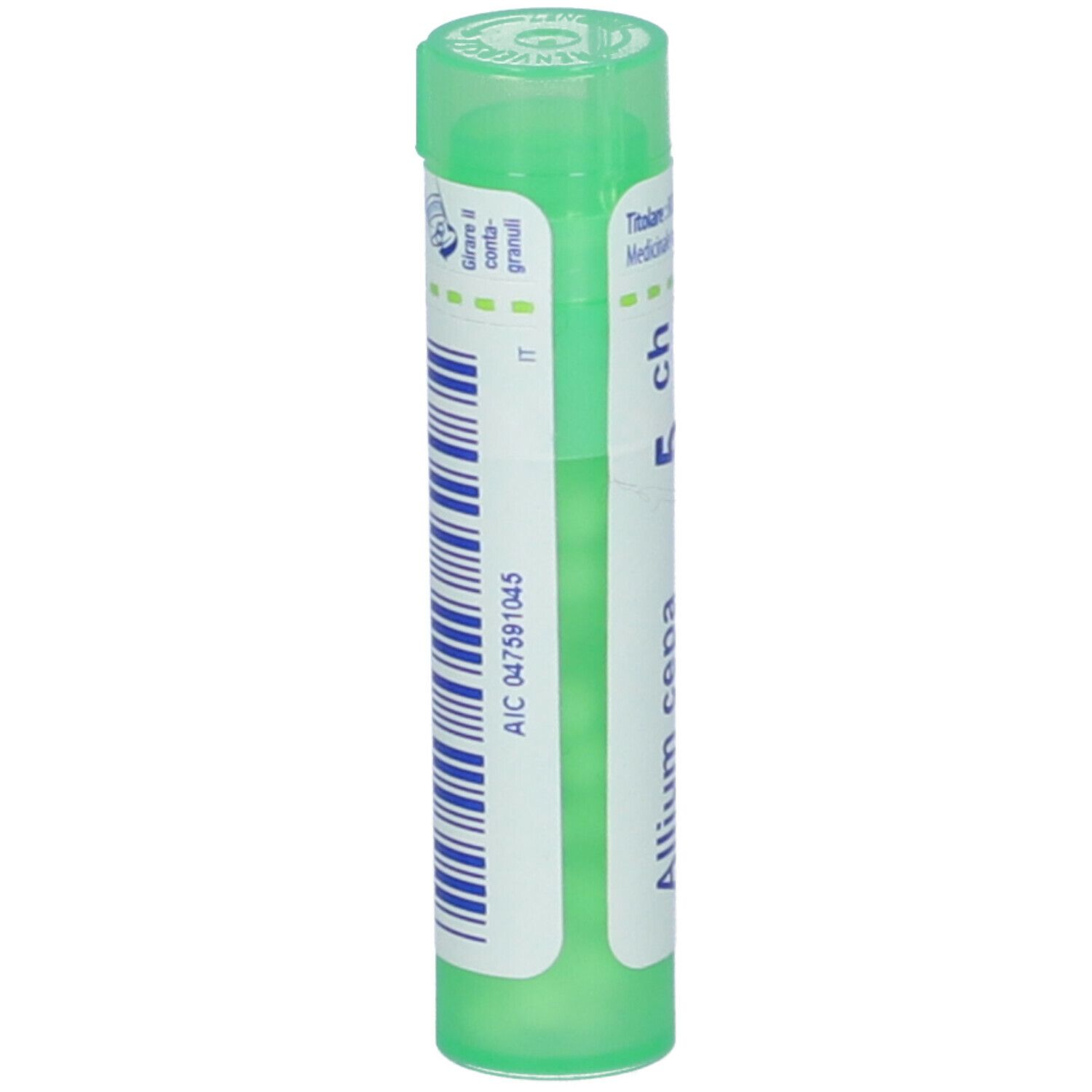 Tubo verde con etichetta bianca. Scritta: Allium cepa 5 ch. Codice a barre e altre informazioni.