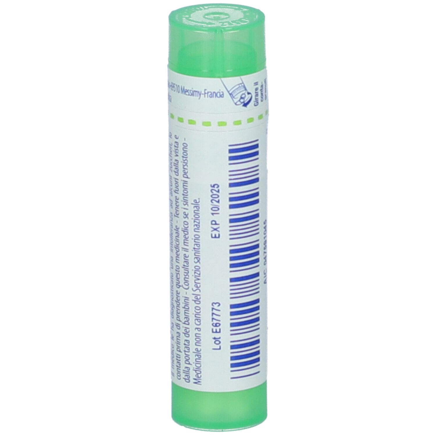 Tubo verde con etichetta bianca. Scritta: EXP 10/2025. Altre informazioni e numero di lotto.