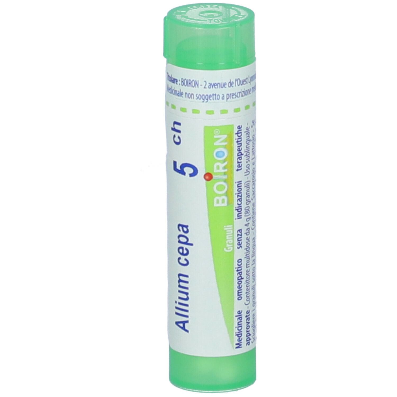 Tubo verde con etichetta bianca. Scritta: Allium cepa 5 ch, BOIRON. Medicinali omeopatici.