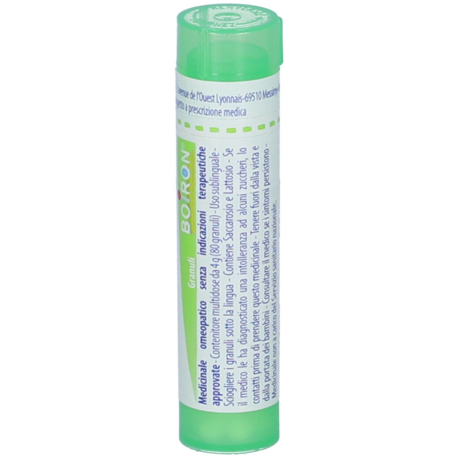 Tubo verde con etichetta bianca. Scritta: BOIRON, Granuli, indicazioni, senza lattosio. Medicinali omeopatici.