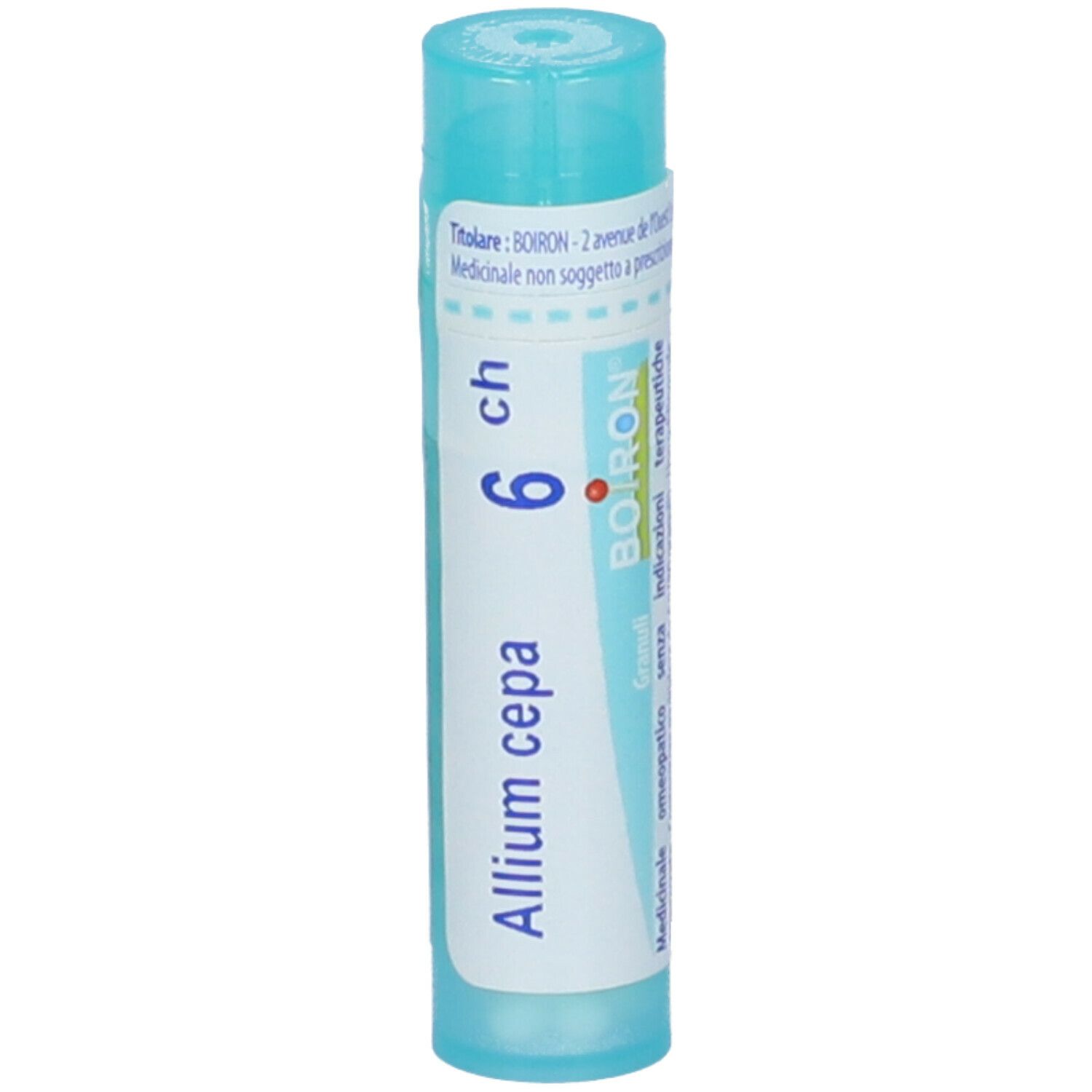 Confezione cilindrica, Allium cepa 6 ch, logo Boiron. Colori turchese e bianco. Scritte sulla confezione.
