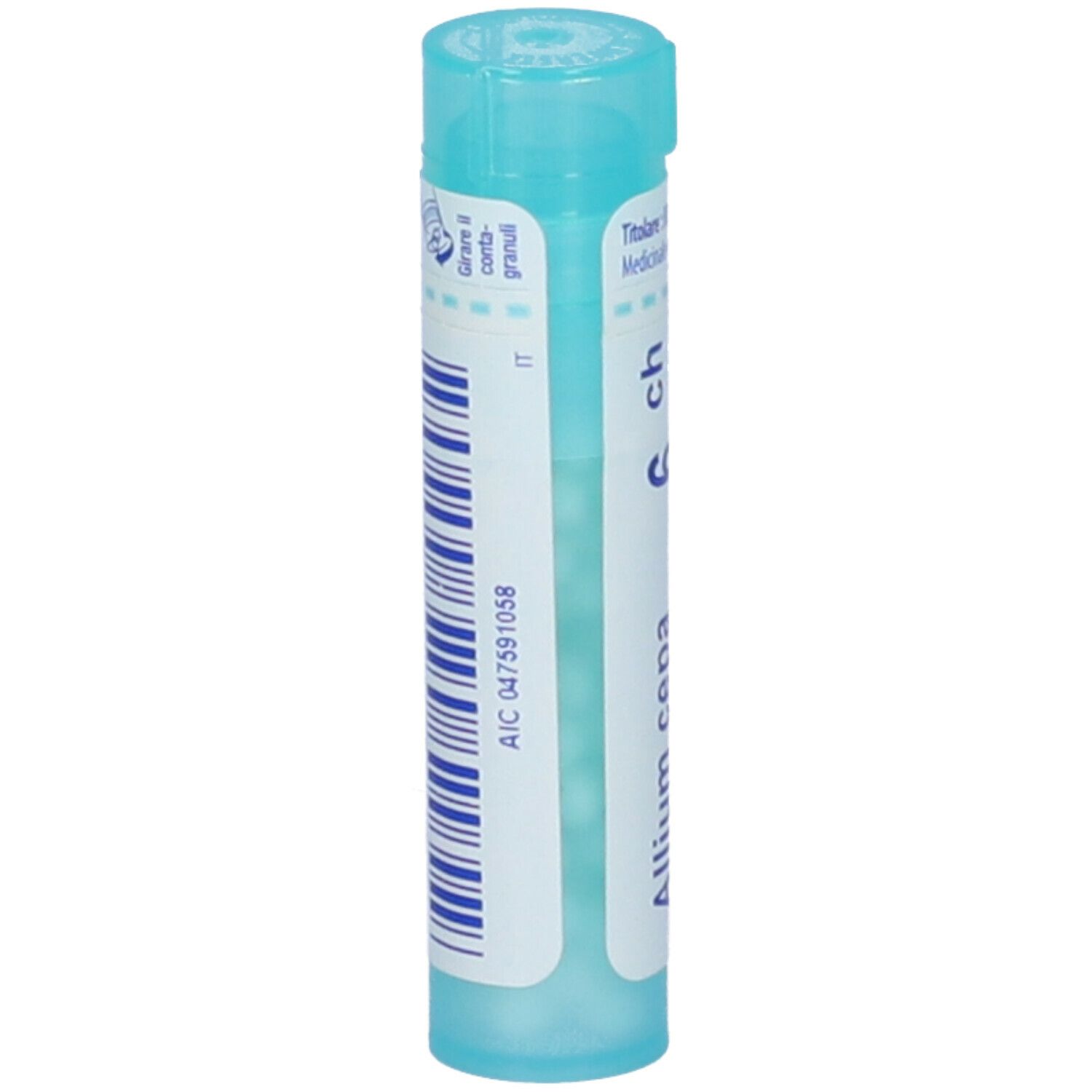 Confezione cilindrica a strisce blu verticali e scritte. Colori turchese e bianco. Granuli visibili.