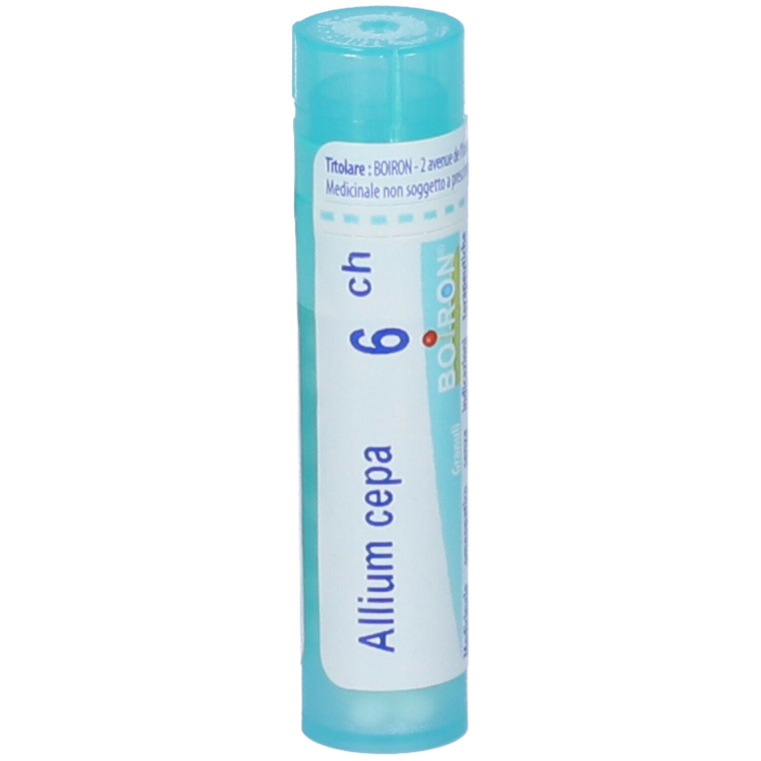 Confezione cilindrica, Allium cepa 6 ch, logo Boiron. Colori turchese e bianco. Scritte sulla confezione.