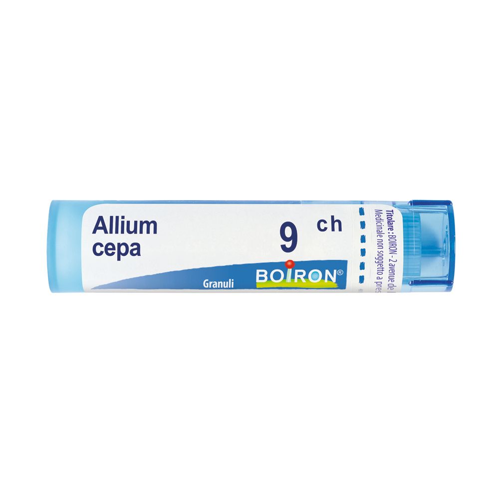 Tubo blu e bianco con "Allium cepa 9 ch" e logo BOIRON. Indicazione "Granuli".