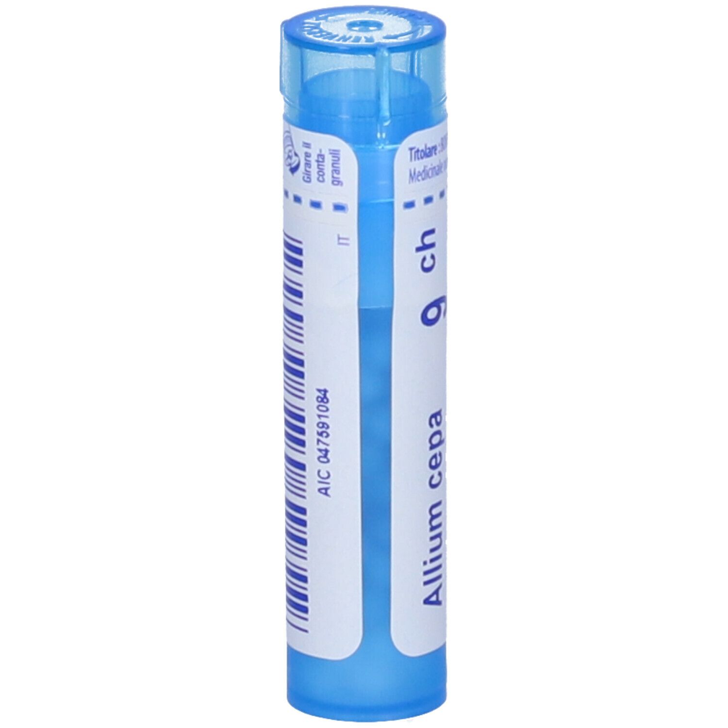 Tubo blu con etichetta bianca e codice a barre. Scritta "Allium cepa 9 ch".