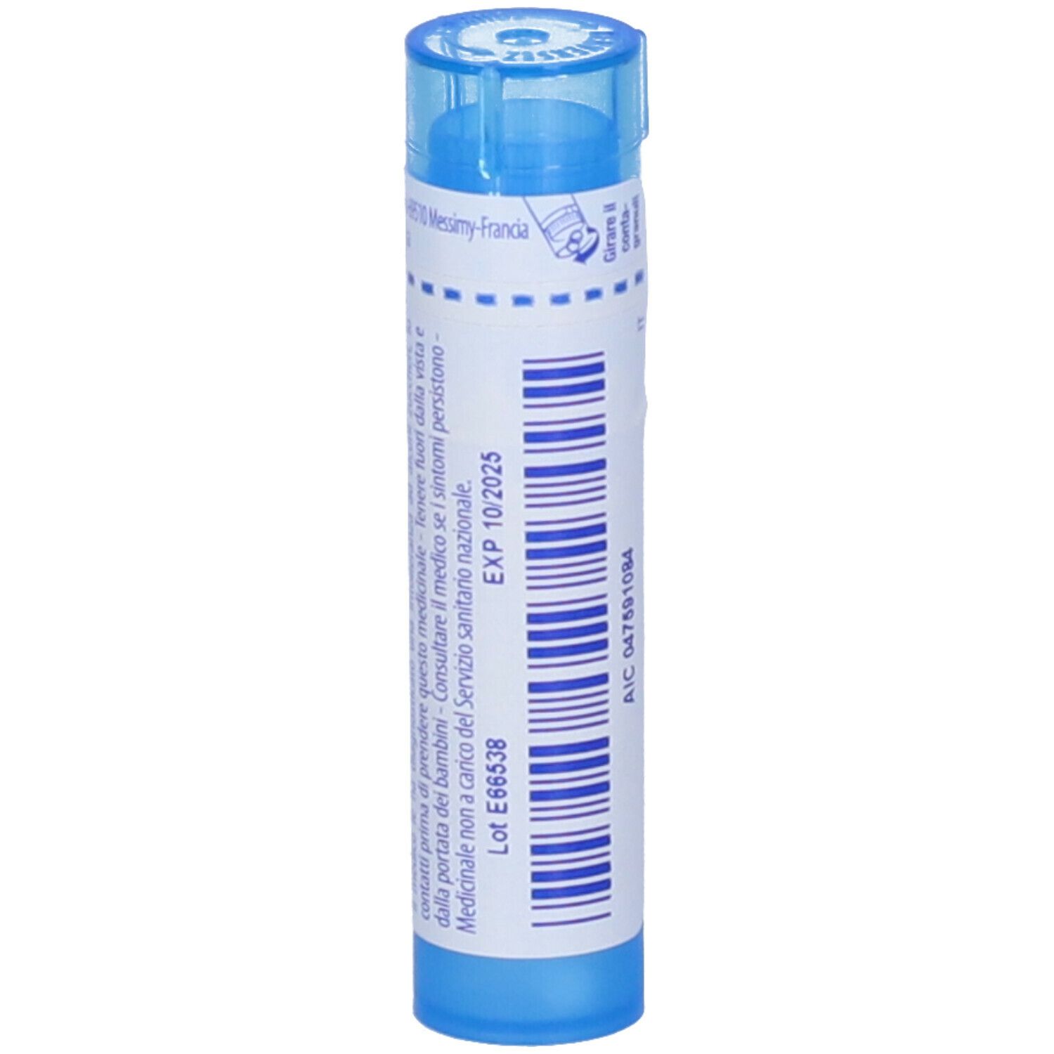 Tubo blu con etichetta bianca. Scritta "Allium cepa 9 ch" e data di scadenza.