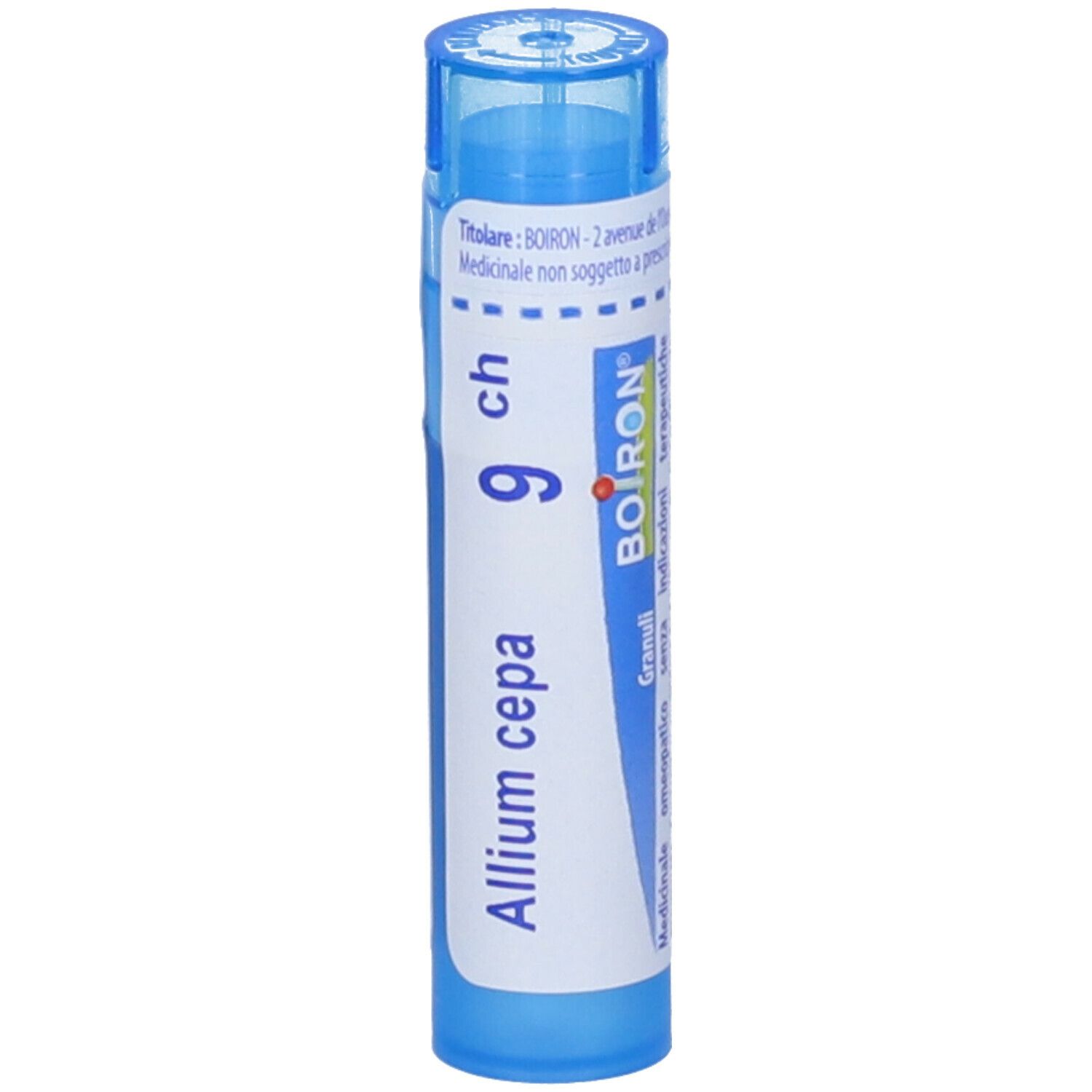 Tubo blu con etichetta bianca. Scritta "Allium cepa 9 ch" e "BOIRON".