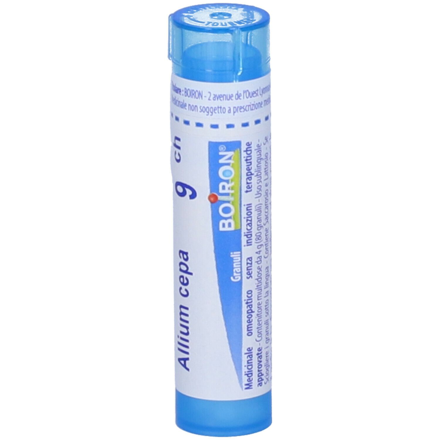 Tubo blu con etichetta bianca. Scritta "Allium cepa 9 ch" e "BOIRON".