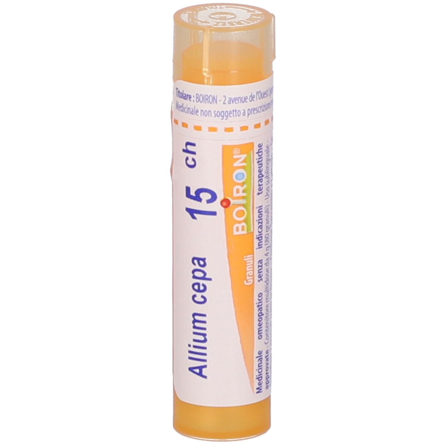 Tubo giallo Allium cepa 15 ch Granuli Boiron. Scritta: Granuli, omeopatico.