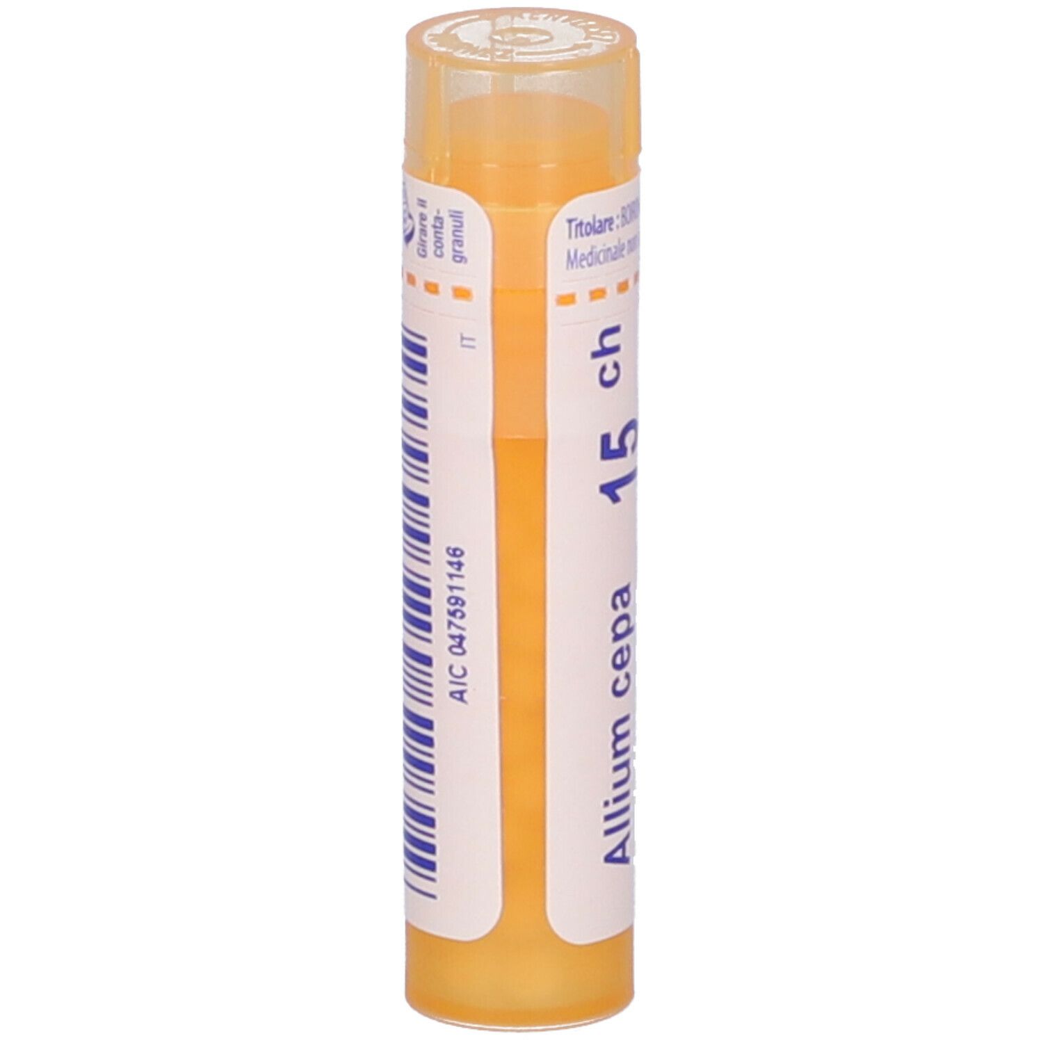 Tubo giallo Allium cepa 15 ch Granuli Boiron. Scritta: Granuli, omeopatico.