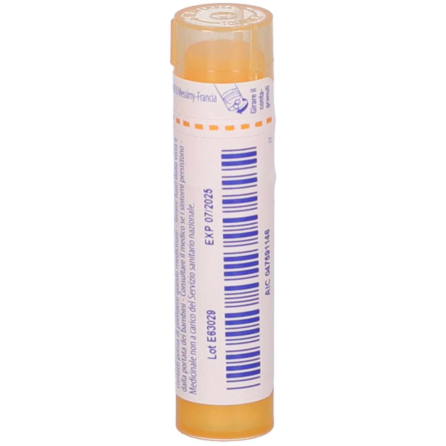 Tubo giallo Allium cepa 15 ch Granuli Boiron. Scritta: EXP 07/2025, Lot E63029.