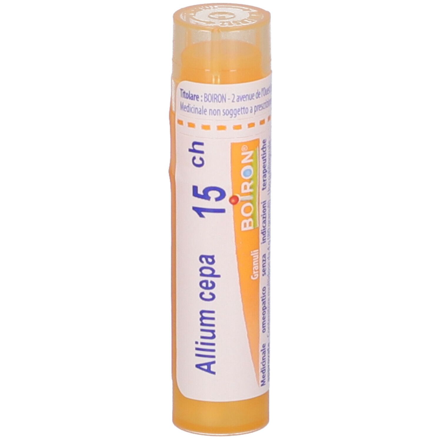 Tubo giallo Allium cepa 15 ch Granuli Boiron. Scritta: Granuli, omeopatico.