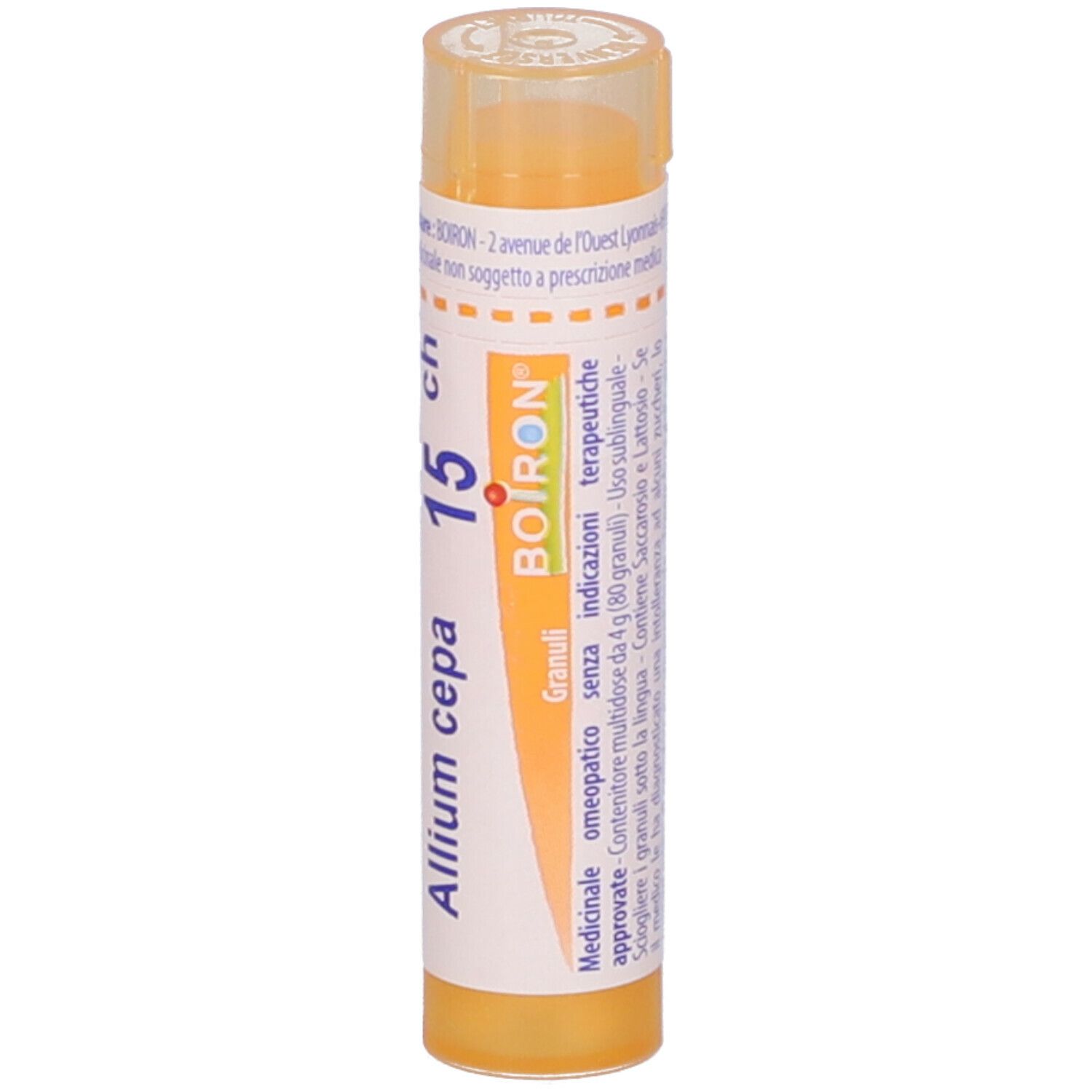 Tubo giallo Allium cepa 15 ch Granuli Boiron. Scritta: Granuli, omeopatico.