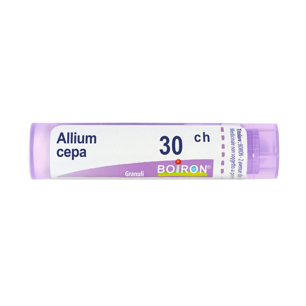 Confezione cilindrica viola con testo bianco. Scritta: Allium cepa, 30 ch, BOIRON, Granuli.