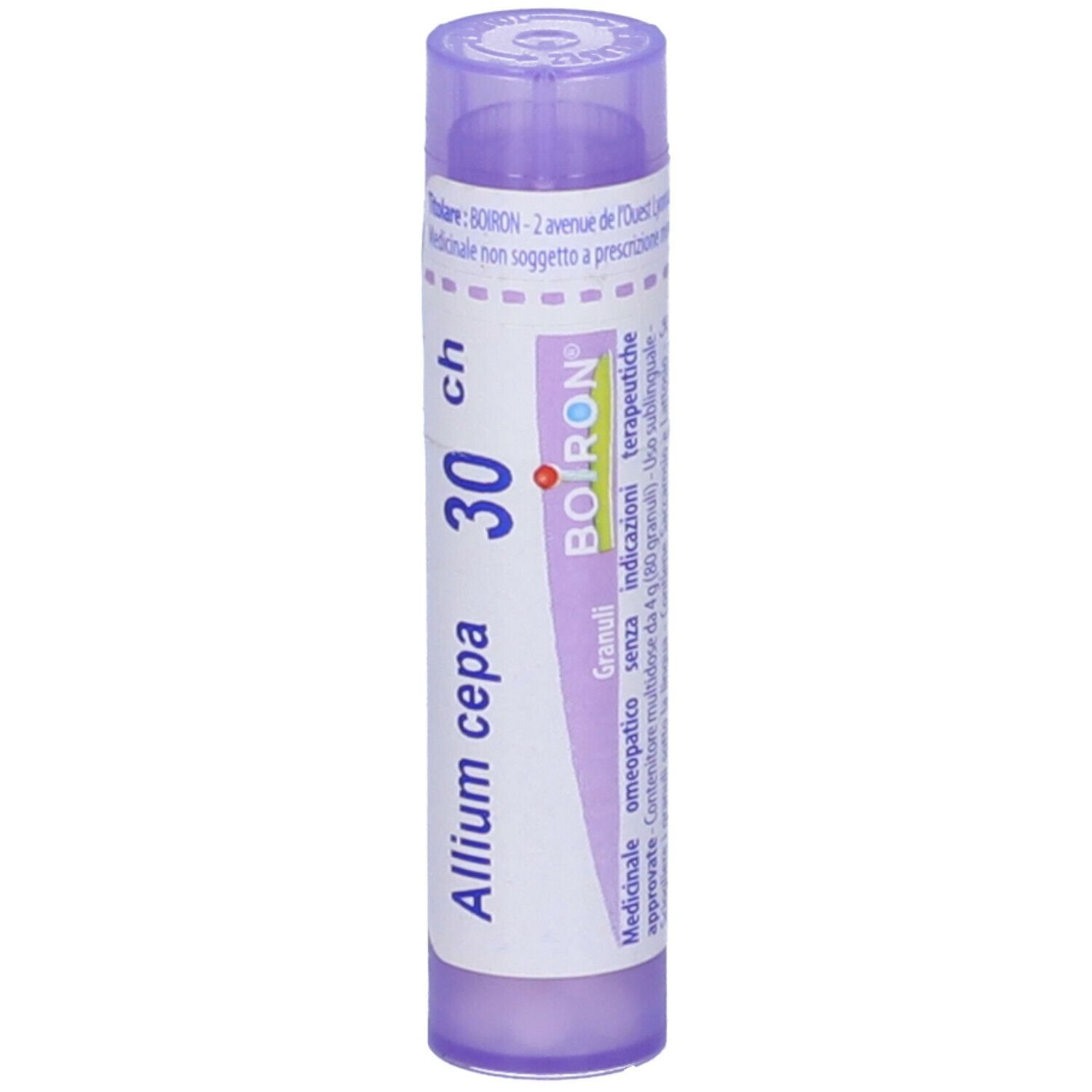 Confezione cilindrica viola. Scritta: Allium cepa, 30 ch, BOIRON, Granuli. Con altri testi.
