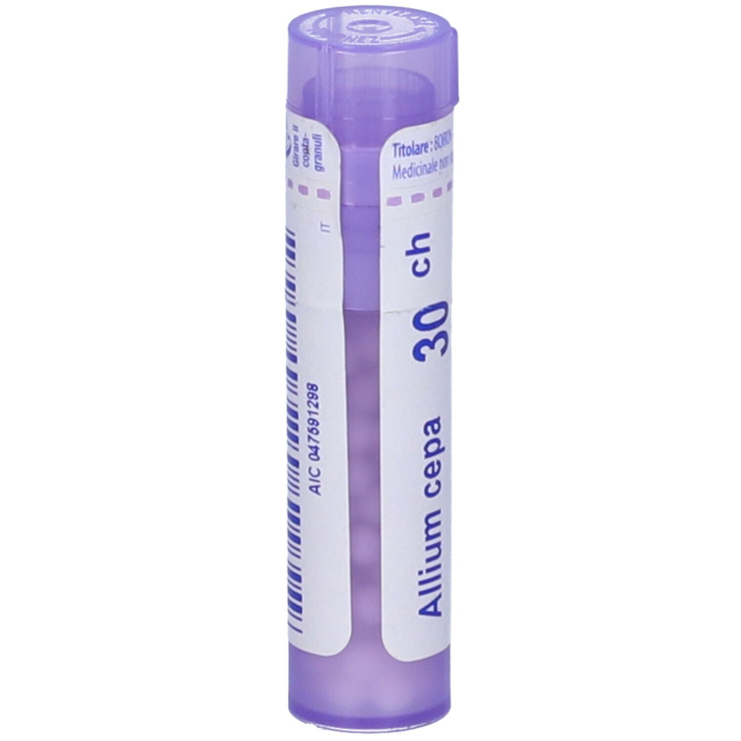 Confezione cilindrica viola. Scritta: Allium cepa, 30 ch. Con altri testi e un codice.