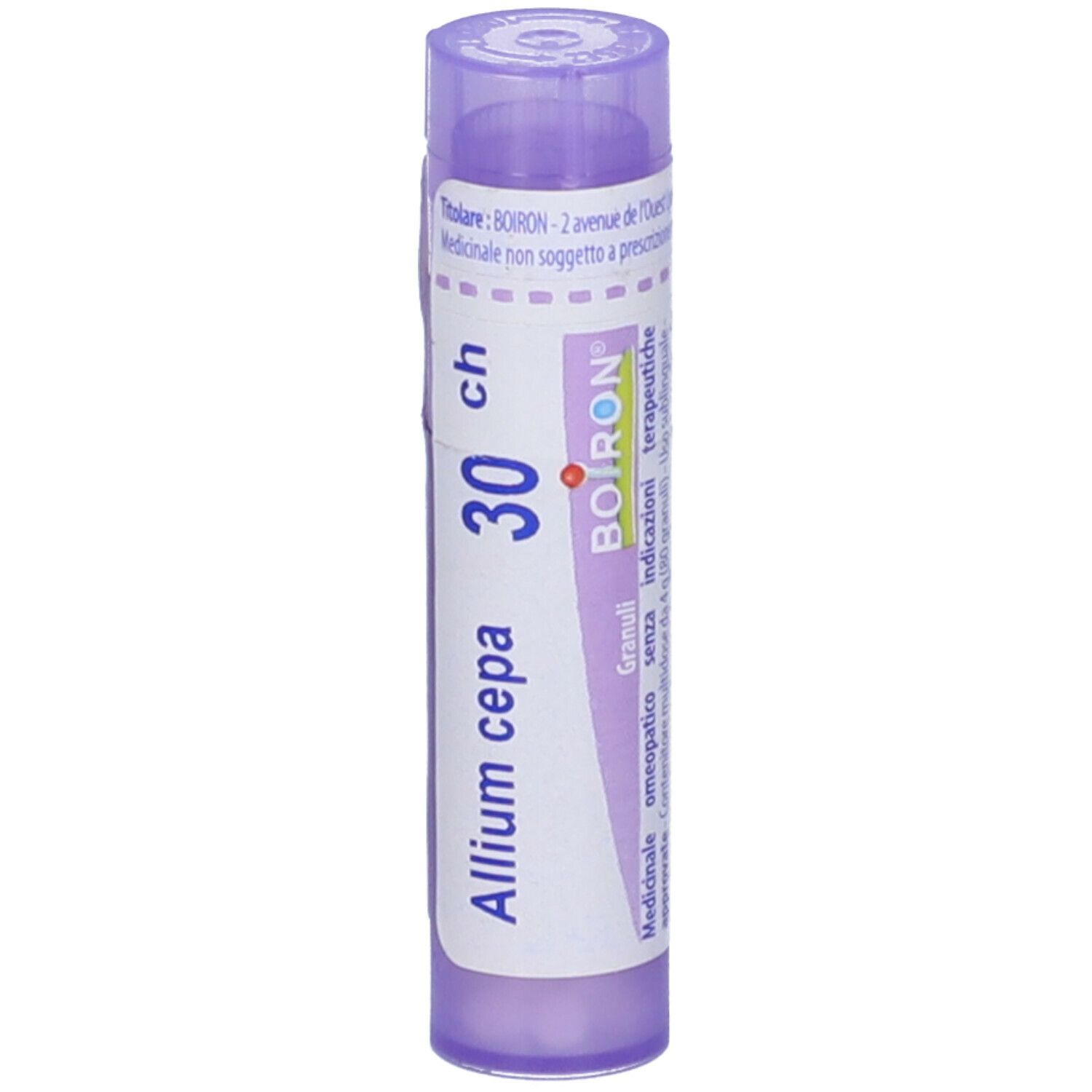 Confezione cilindrica viola. Scritta: Allium cepa, 30 ch, BOIRON, Granuli. Con altri testi.