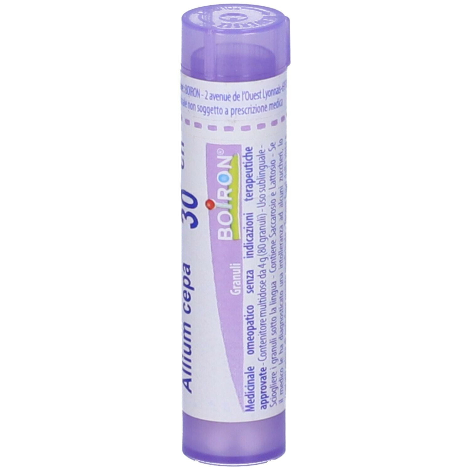 Confezione cilindrica viola. Scritta: Allium cepa, 30 ch, BOIRON, Granuli. Con altri testi.