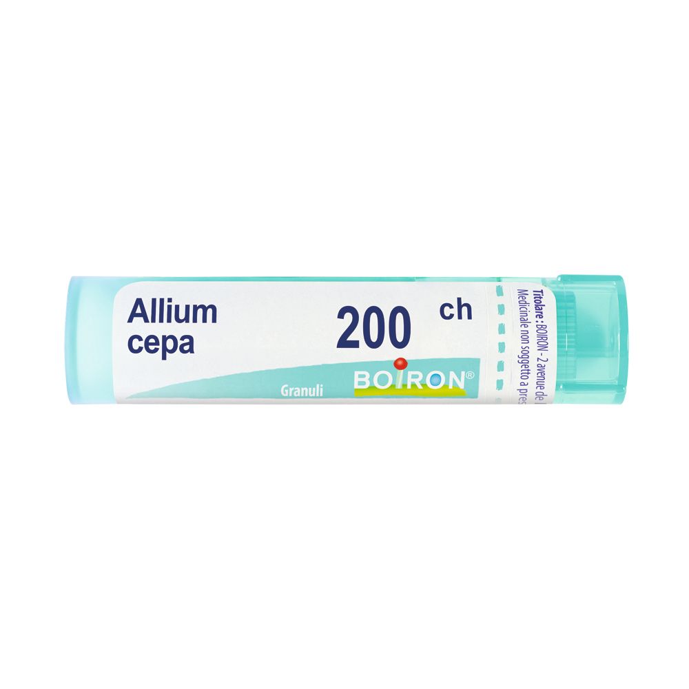 Confezione cilindrica Allium cepa 200 ch Granuli Boiron. Design turchese e bianco. Nome del prodotto e dosaggio ben visibili.