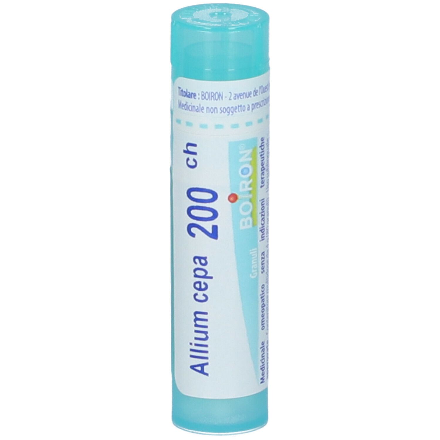 Confezione cilindrica Allium cepa 200 ch Granuli Boiron. Design turchese e bianco. Nome del prodotto e dosaggio ben visibili.