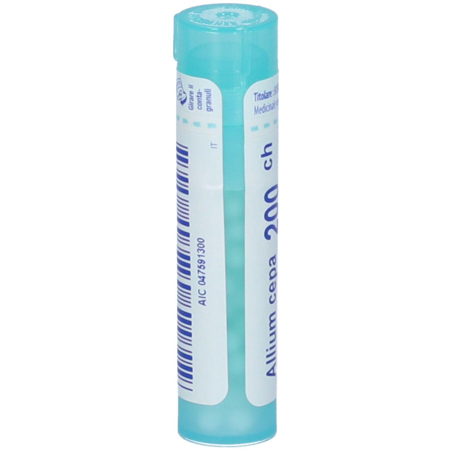 Confezione cilindrica Allium cepa 200 ch Granuli Boiron. Design turchese e bianco. Nome del prodotto e dosaggio ben visibili.