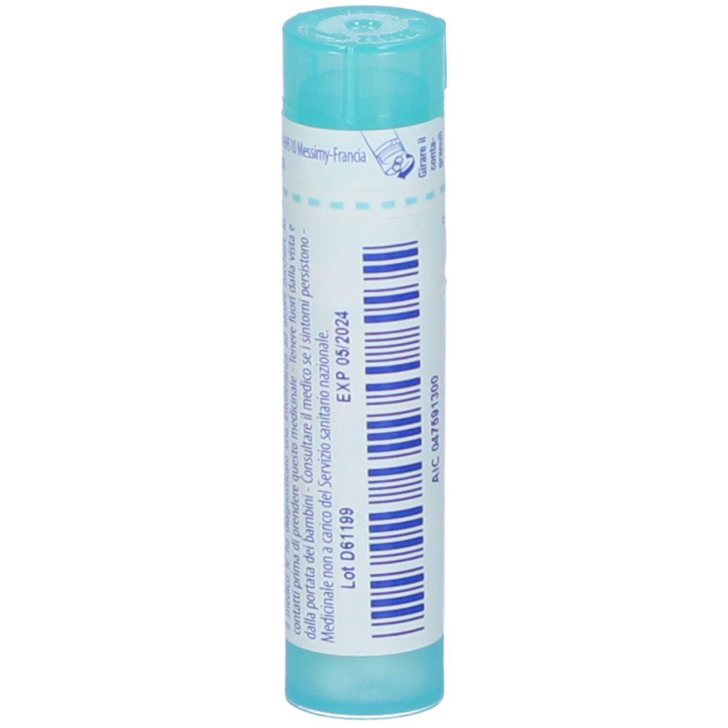 Confezione cilindrica Allium cepa 200 ch Granuli Boiron. Design turchese e bianco. Nome del prodotto e dosaggio ben visibili.