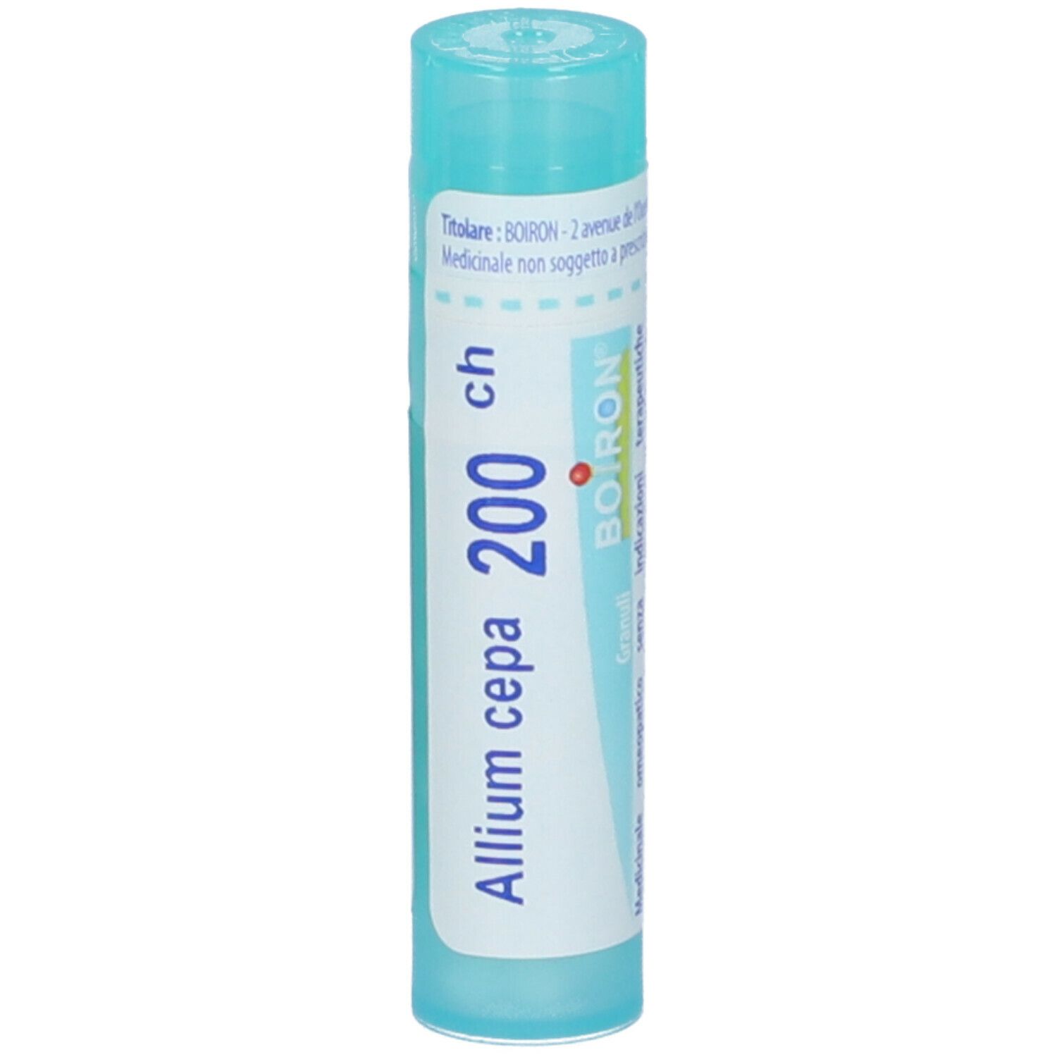 Confezione cilindrica Allium cepa 200 ch Granuli Boiron. Design turchese e bianco. Nome del prodotto e dosaggio ben visibili.