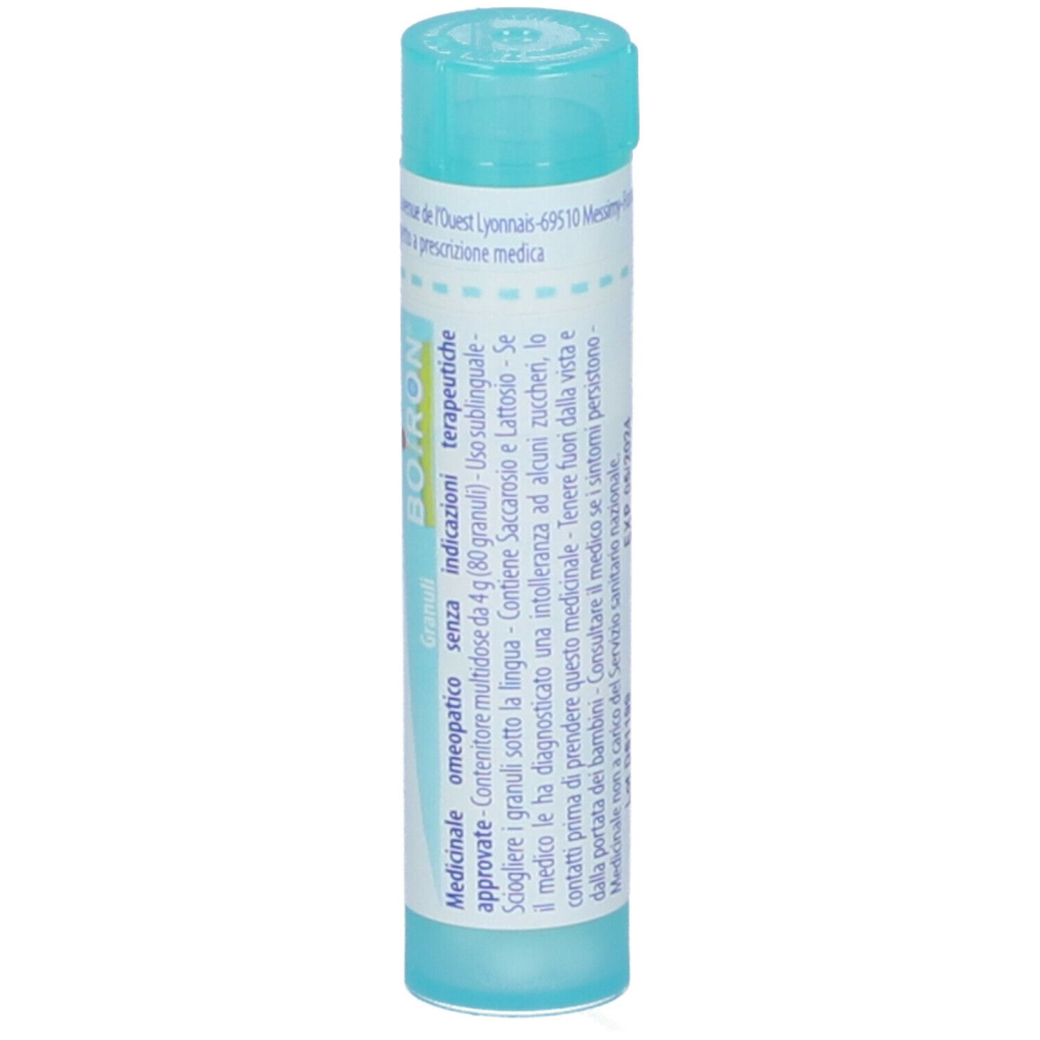 Confezione cilindrica Allium cepa 200 ch Granuli Boiron. Design turchese e bianco. Nome del prodotto e dosaggio ben visibili.