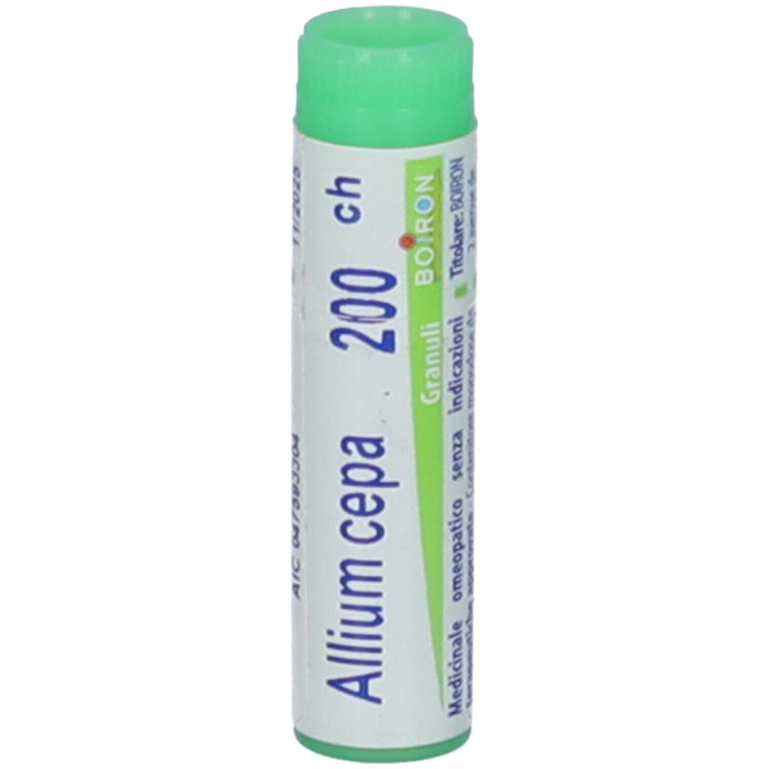 Contenitore cilindrico Allium cepa 200 ch Granuli. Confezione verde e bianca con informazioni e logo BOIRON.