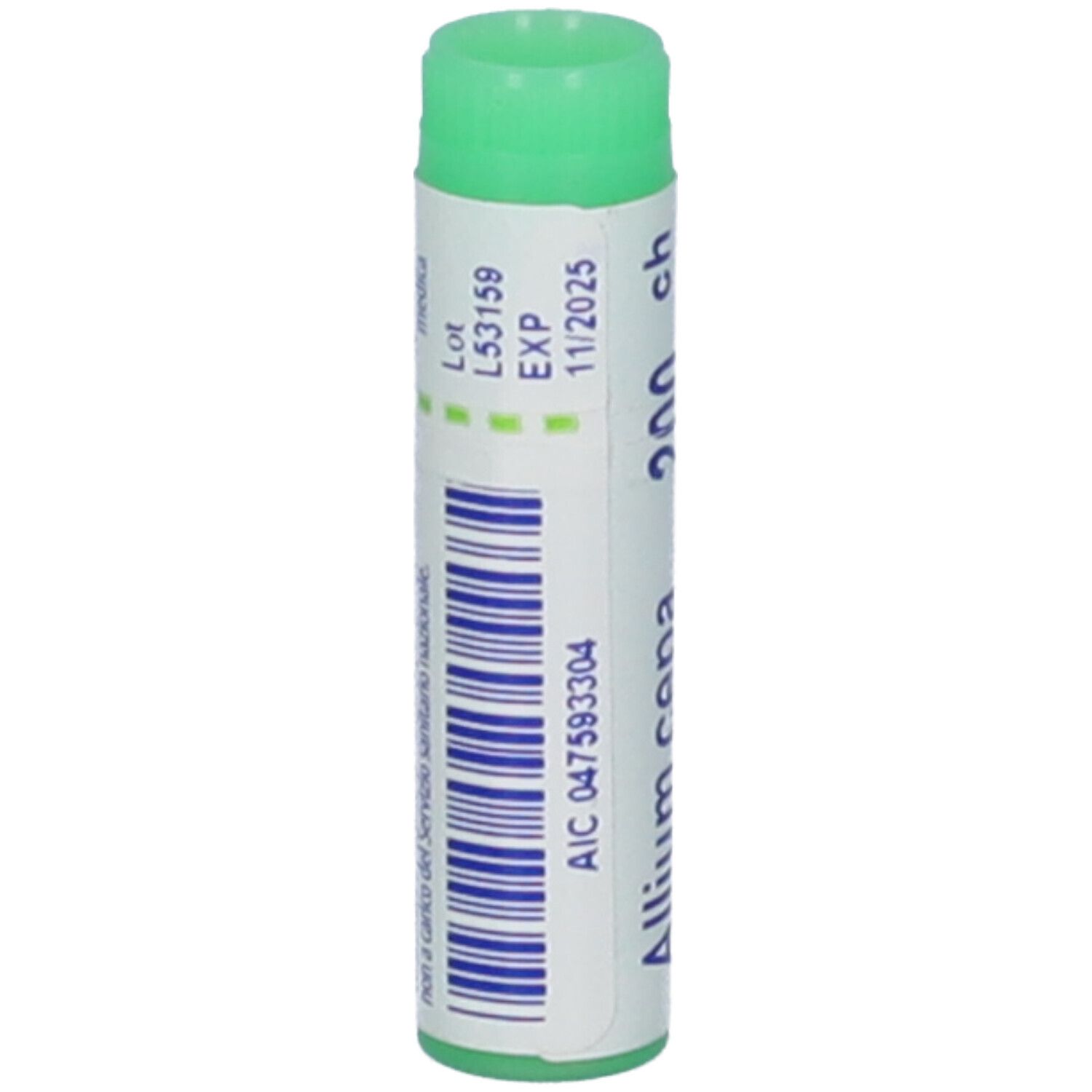 Contenitore cilindrico Allium cepa 200 ch Granuli. Confezione verde e bianca con numero di lotto e scadenza.