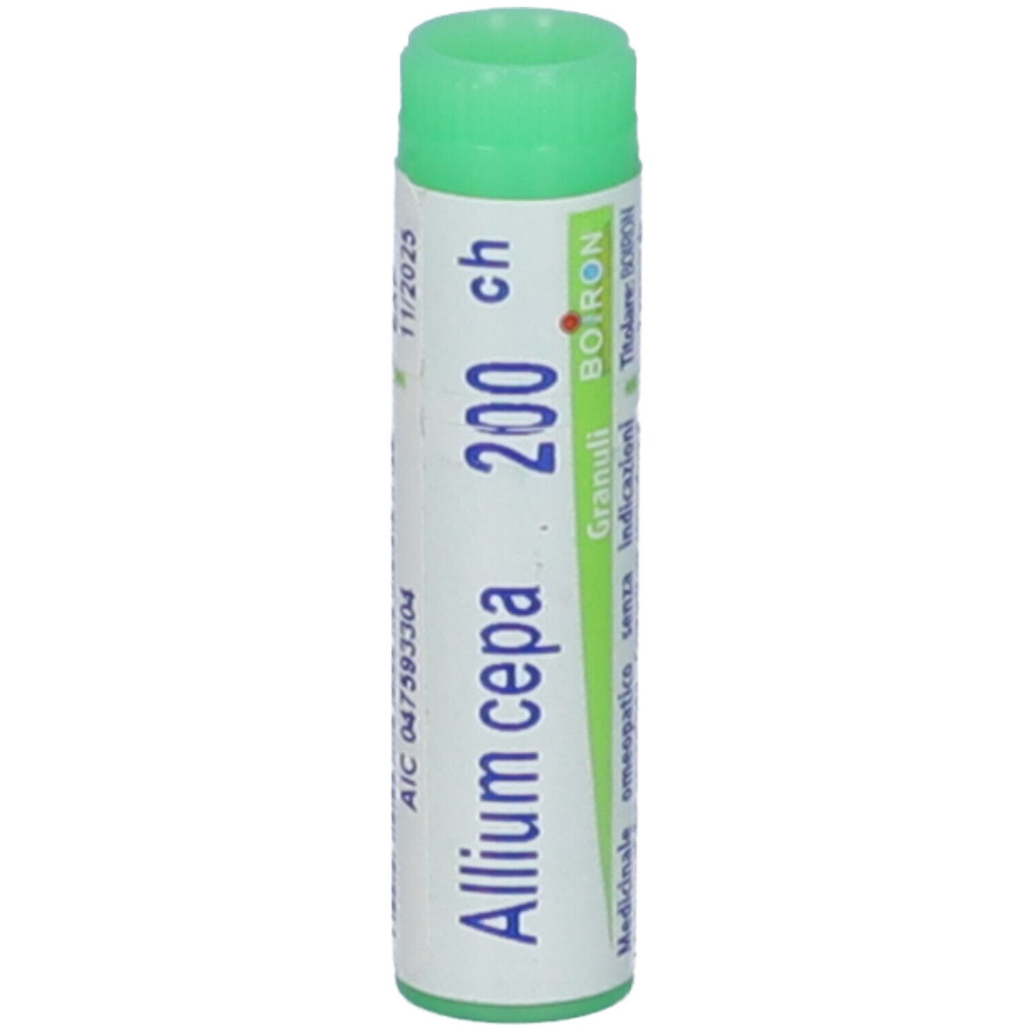 Contenitore cilindrico Allium cepa 200 ch Granuli. Confezione verde e bianca con informazioni e logo BOIRON.