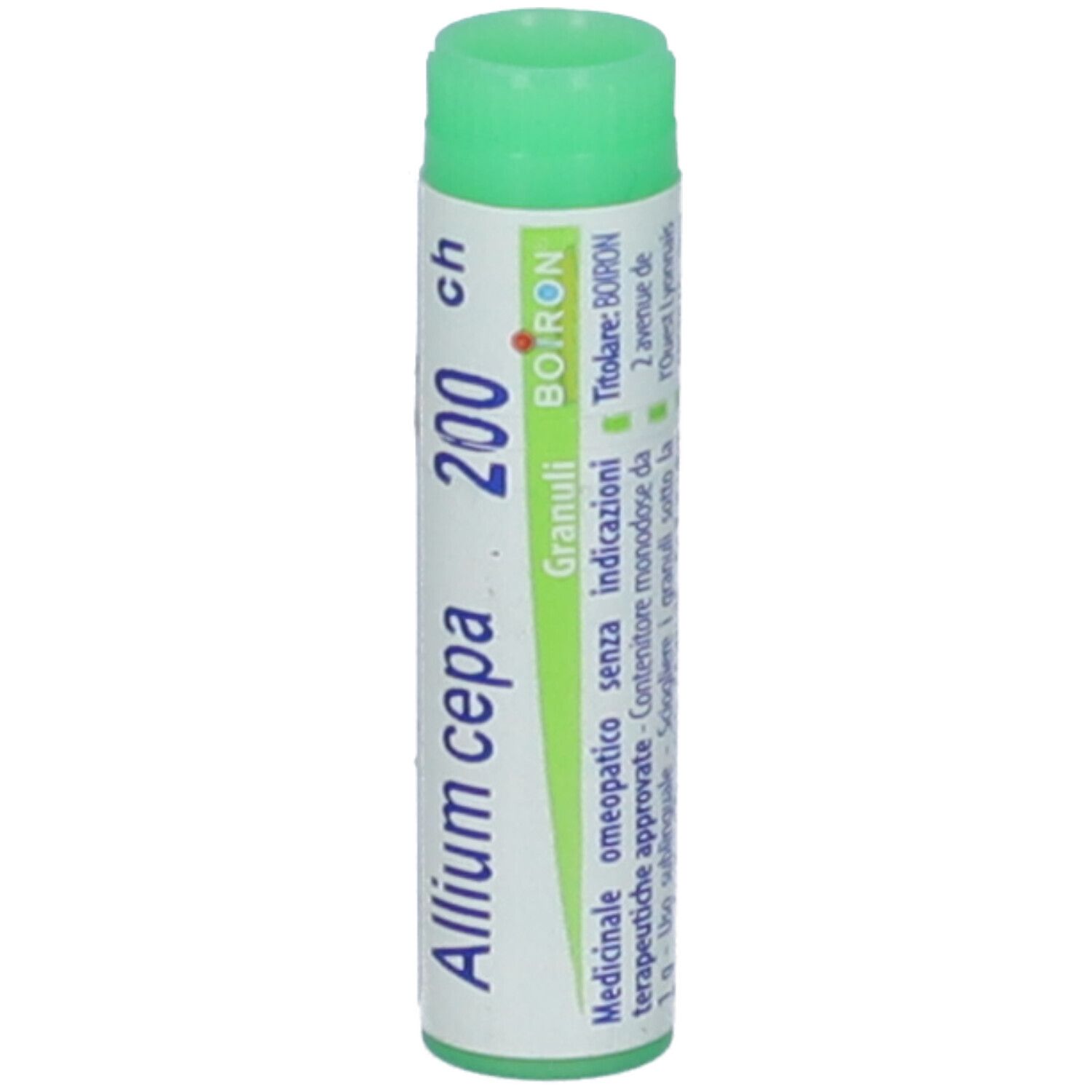 Contenitore cilindrico Allium cepa 200 ch Granuli. Confezione verde e bianca con informazioni e logo BOIRON.